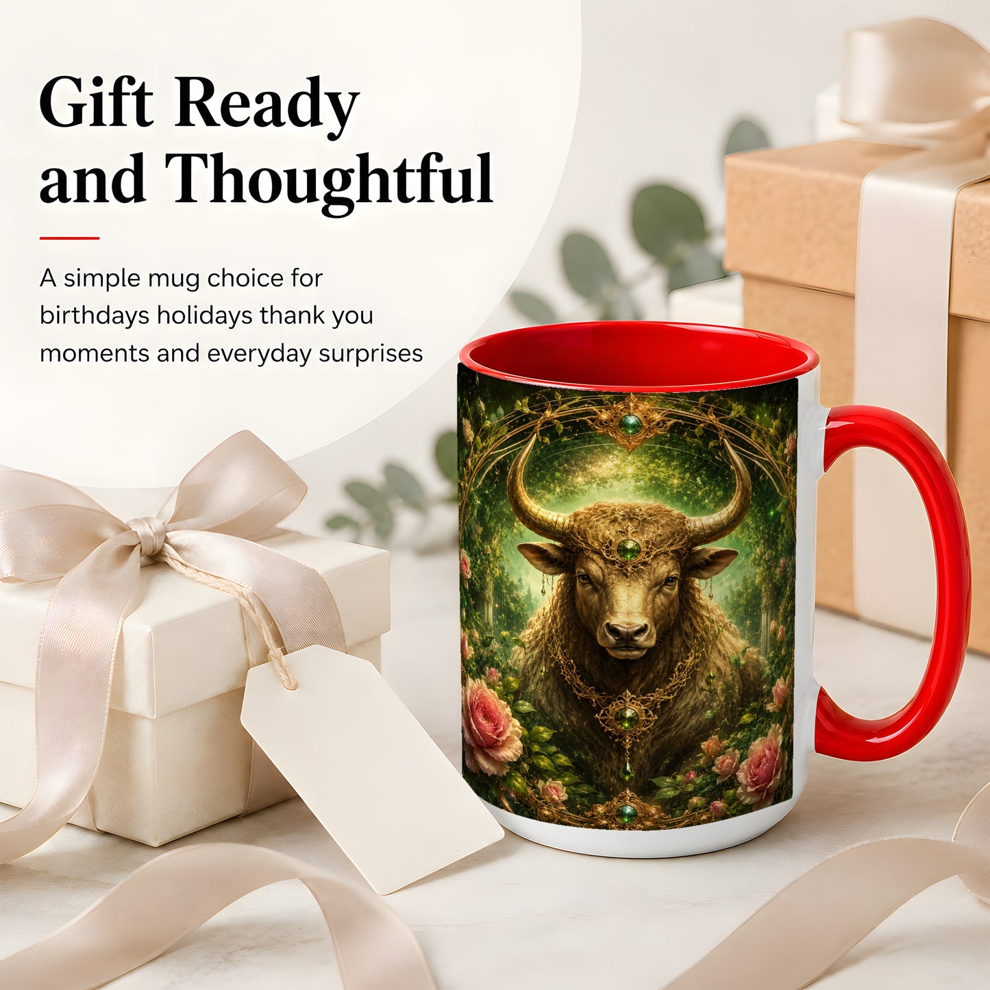 #pl[15oz|Red] Taurus Bull Ceramic Mug, Earth Zodiac Rose Celestial Art