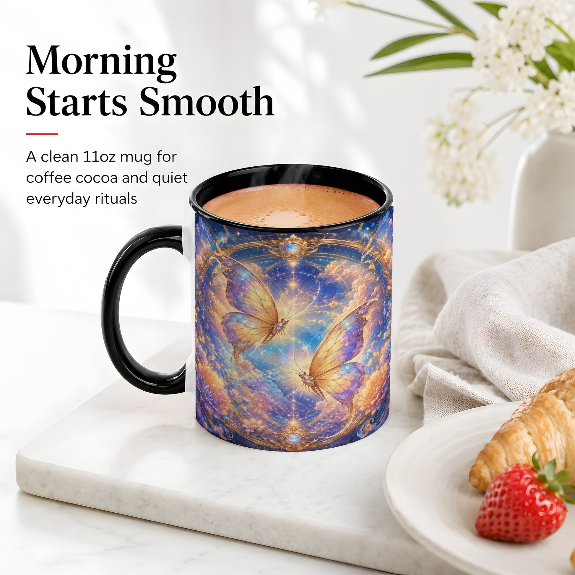 #pl[11oz|Black] Celestial Butterflies Ceramic Mug, Dreamy Butterfly Floral Art