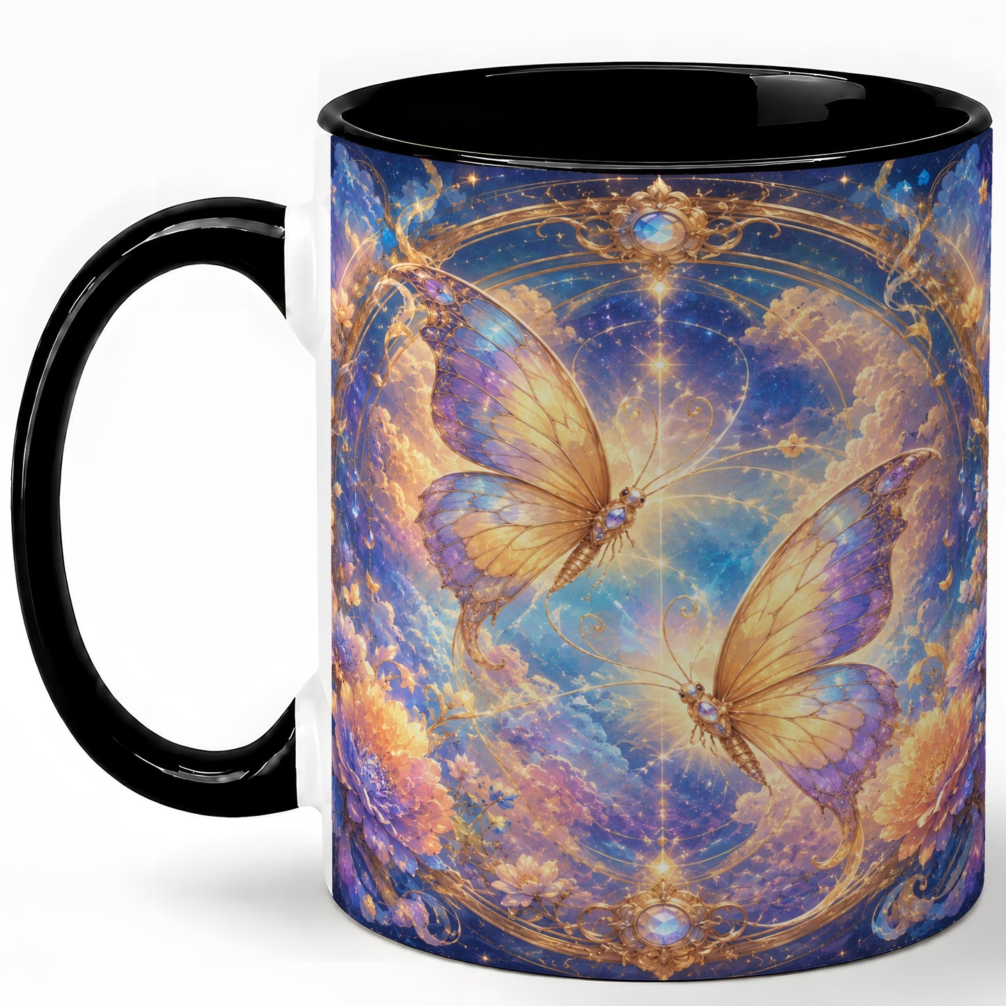 #pl[11oz|Black] Celestial Butterflies Ceramic Mug, Dreamy Butterfly Floral Art