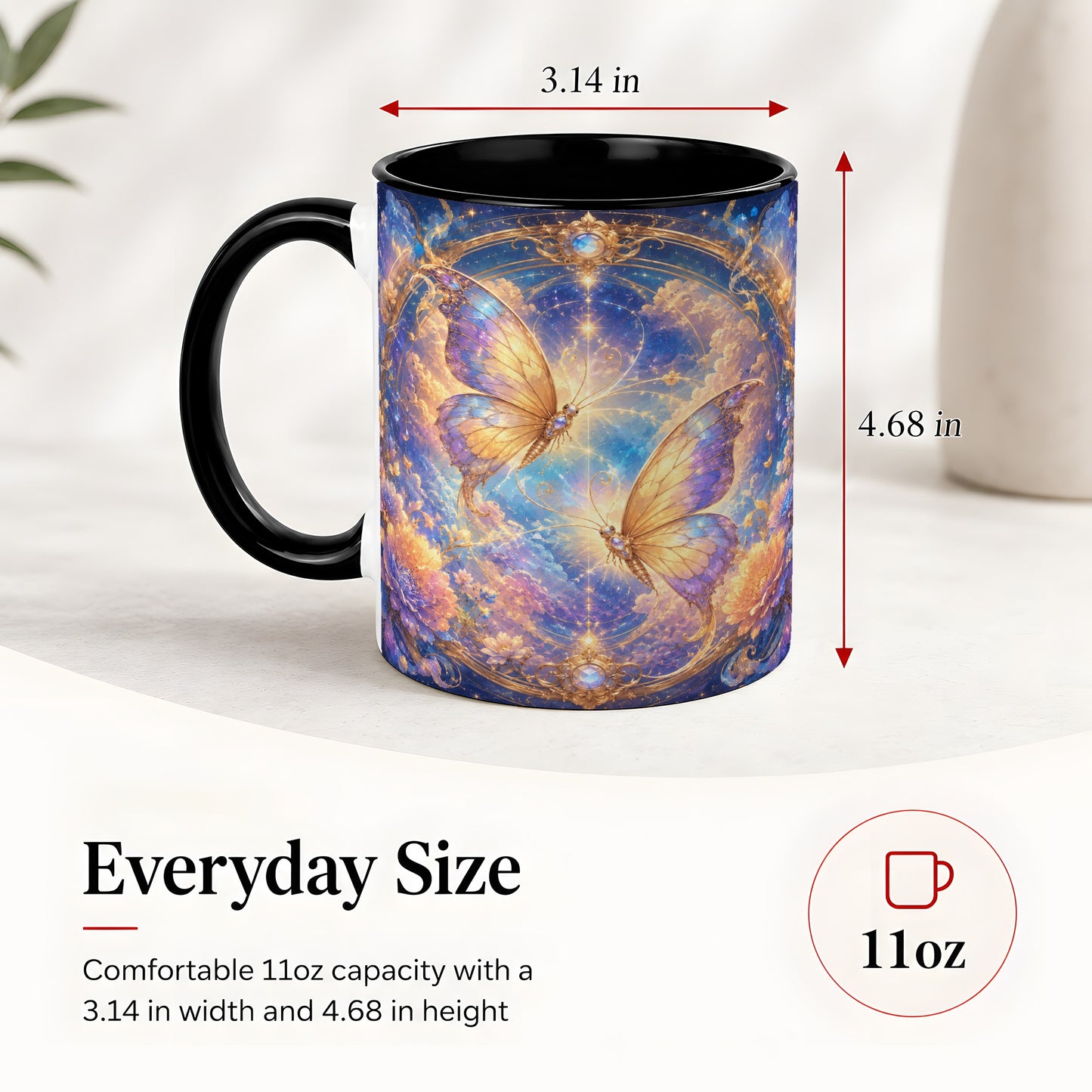#pl[11oz|Black] Celestial Butterflies Ceramic Mug, Dreamy Butterfly Floral Art