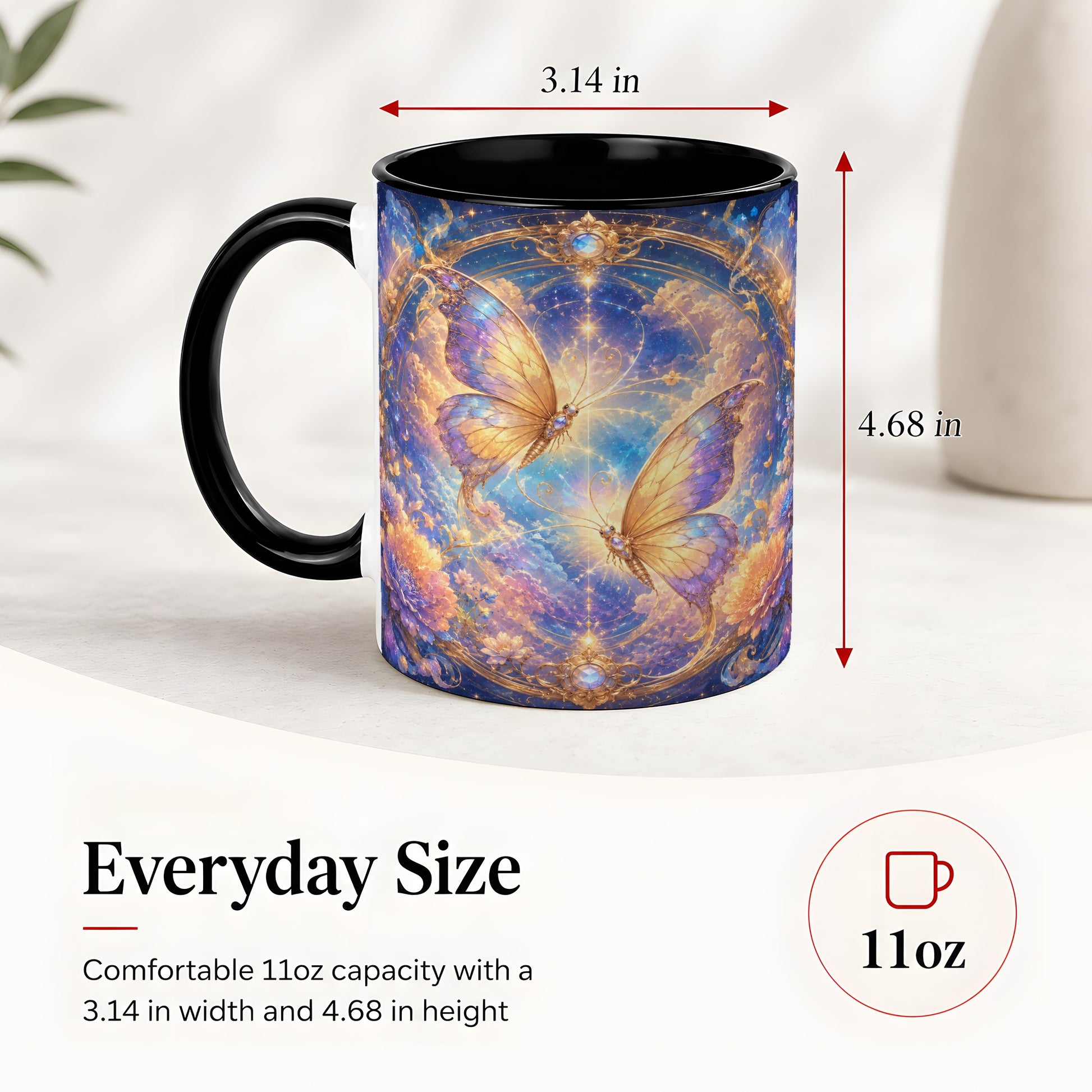 #pl[11oz|Black] Celestial Butterflies Ceramic Mug, Dreamy Butterfly Floral Art