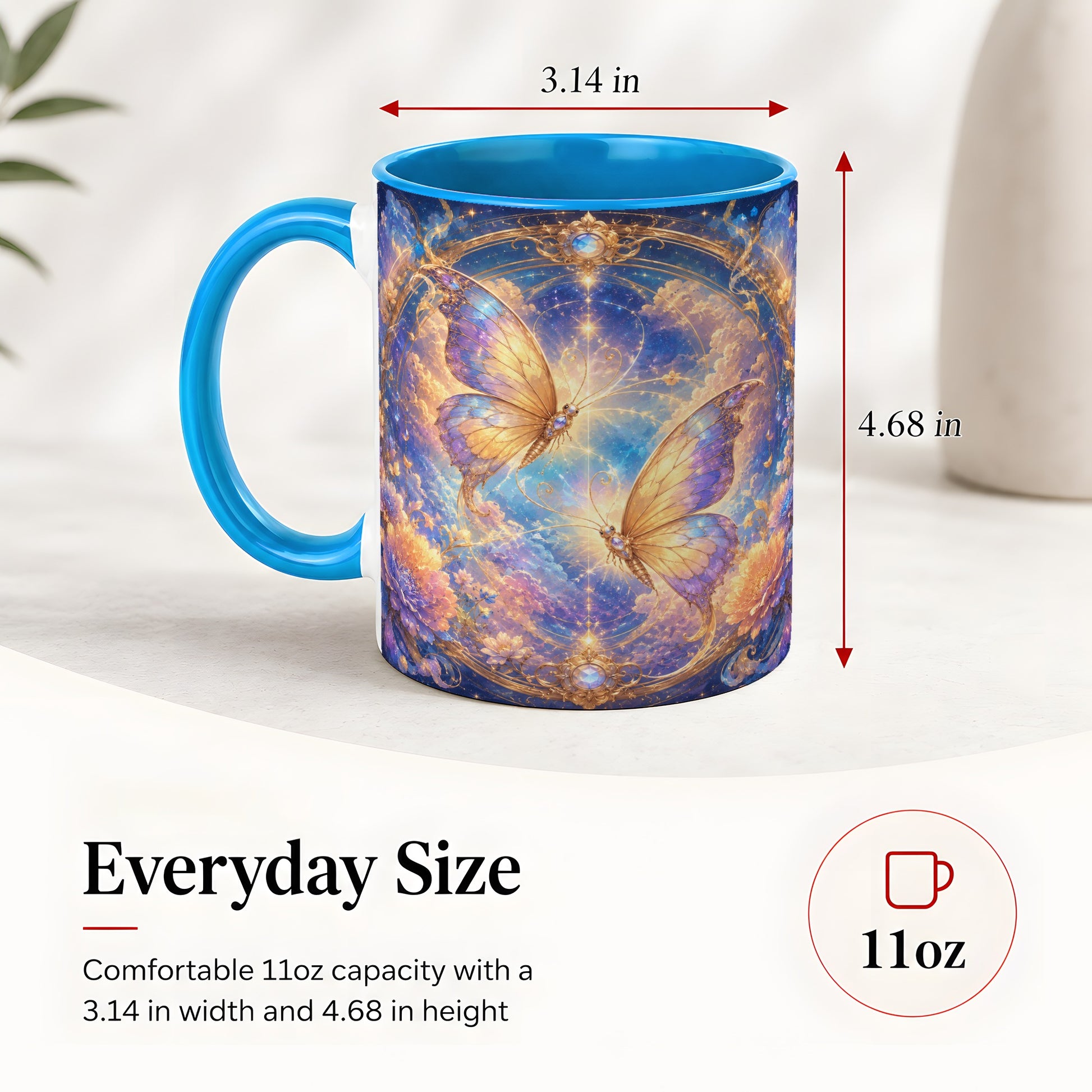 #pl[11oz|Blue] Celestial Butterflies Ceramic Mug, Dreamy Butterfly Floral Art