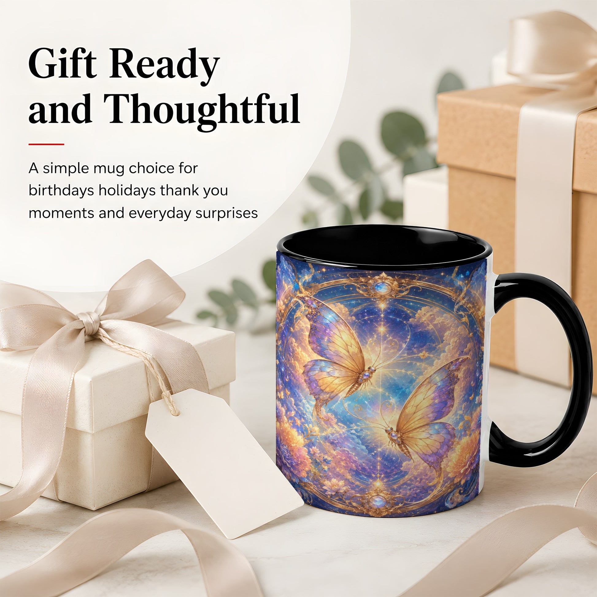 #pl[11oz|Black] Celestial Butterflies Ceramic Mug, Dreamy Butterfly Floral Art