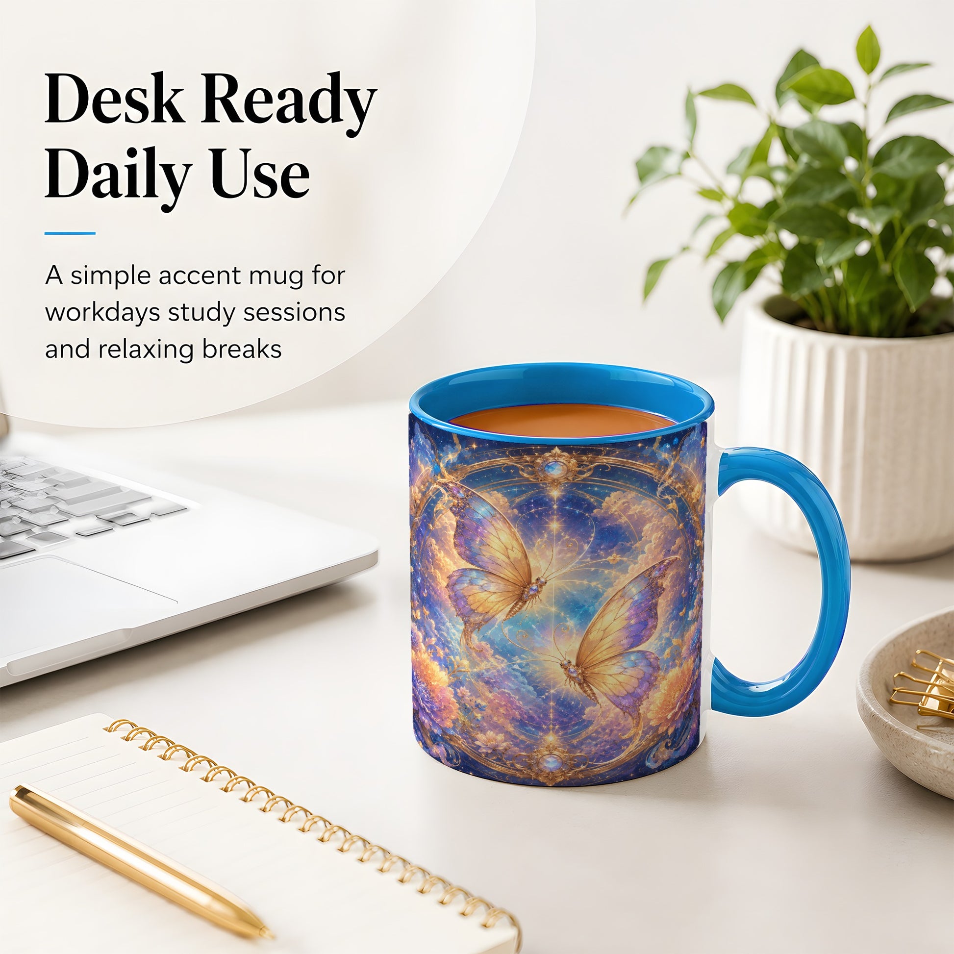 #pl[11oz|Blue] Celestial Butterflies Ceramic Mug, Dreamy Butterfly Floral Art