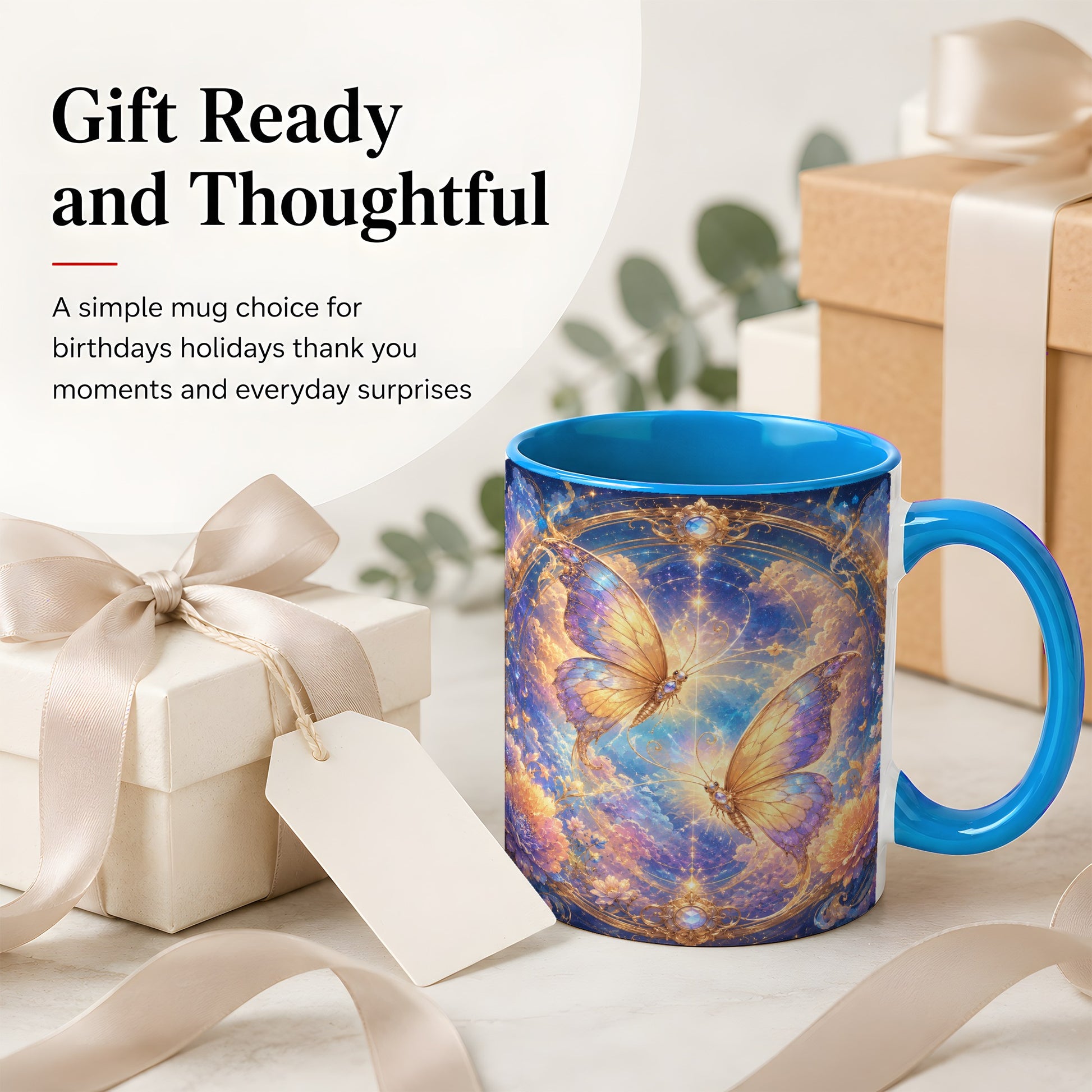 #pl[11oz|Blue] Celestial Butterflies Ceramic Mug, Dreamy Butterfly Floral Art