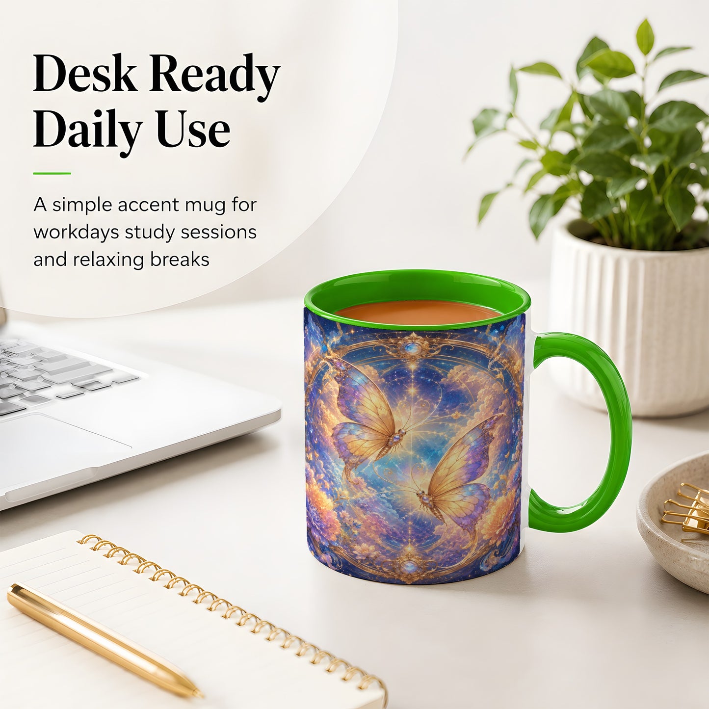 #pl[11oz|Green] Celestial Butterflies Ceramic Mug, Dreamy Butterfly Floral Art