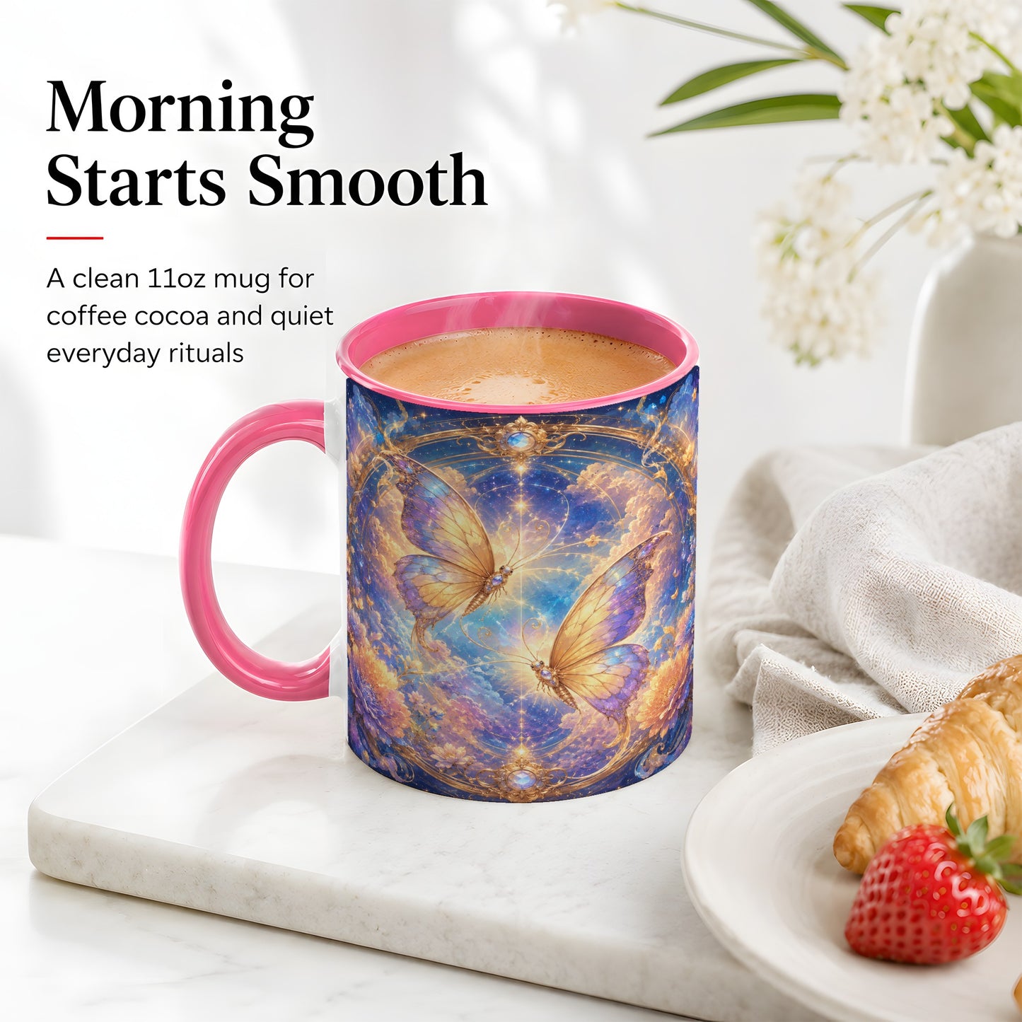 #pl[11oz|Pink] Celestial Butterflies Ceramic Mug, Dreamy Butterfly Floral Art