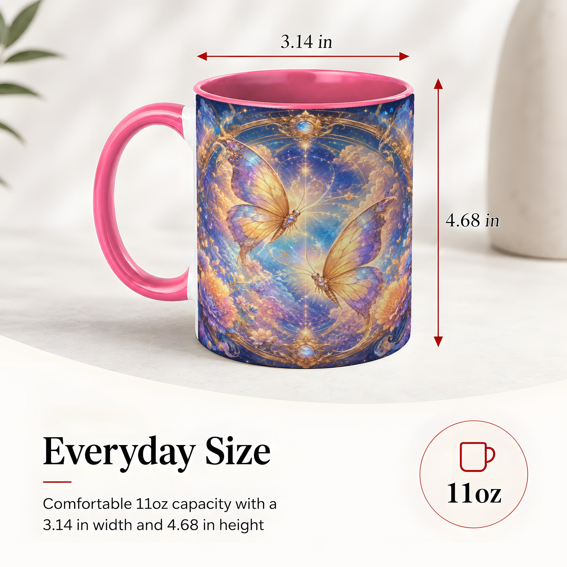#pl[11oz|Pink] Celestial Butterflies Ceramic Mug, Dreamy Butterfly Floral Art