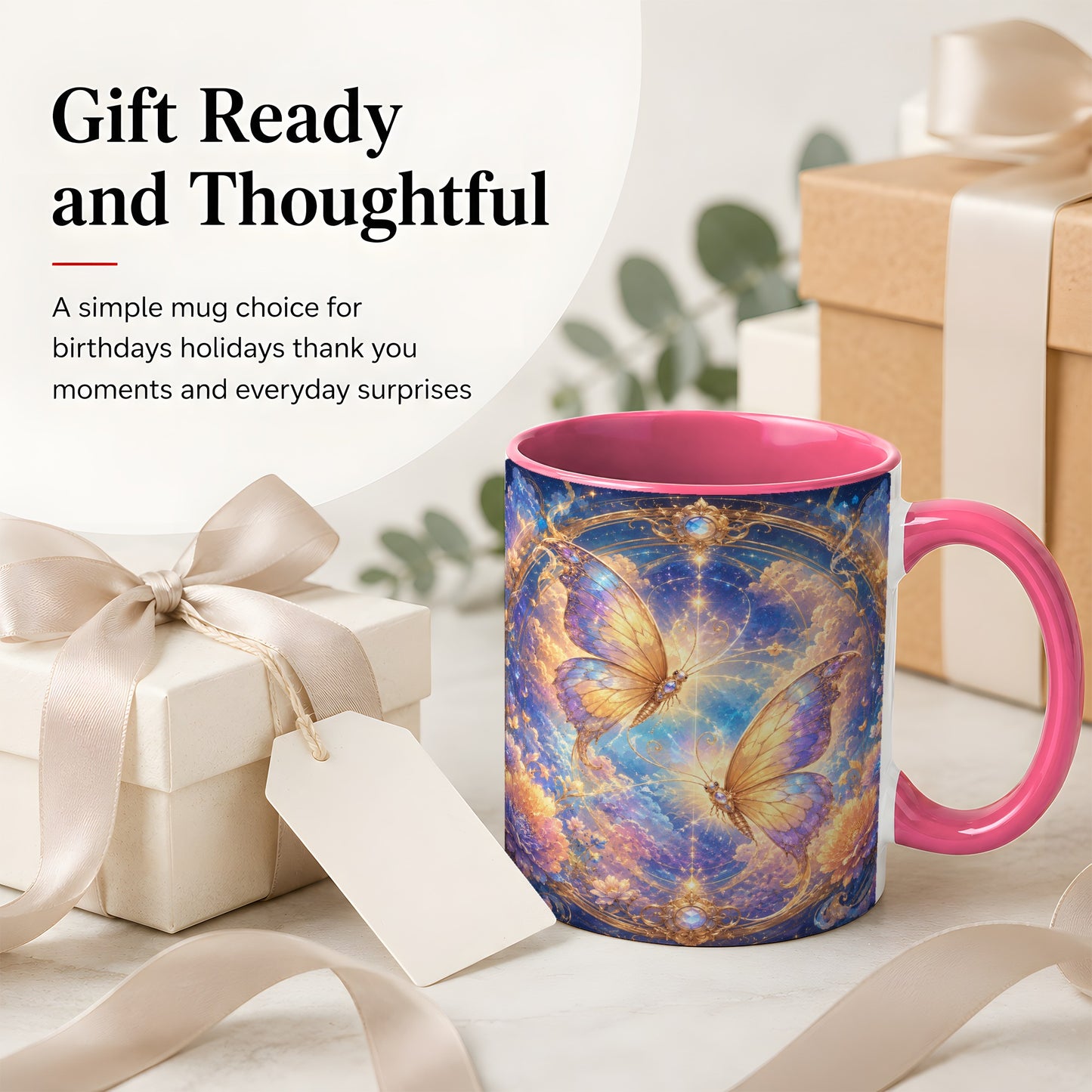 #pl[11oz|Pink] Celestial Butterflies Ceramic Mug, Dreamy Butterfly Floral Art