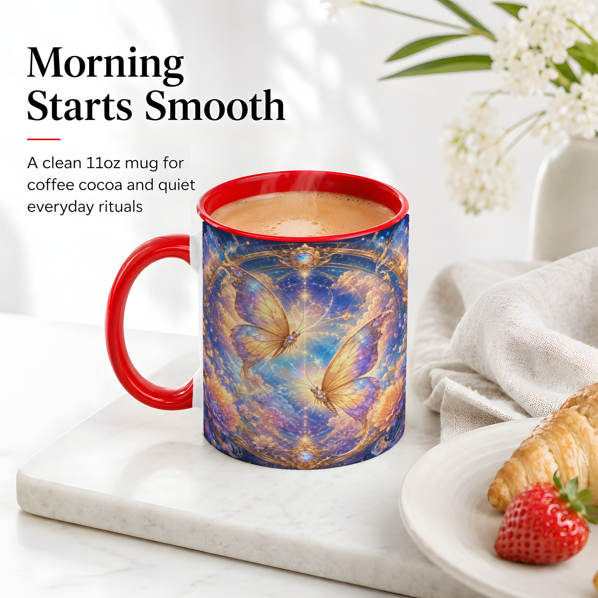 #pl[11oz|Red] Celestial Butterflies Ceramic Mug, Dreamy Butterfly Floral Art