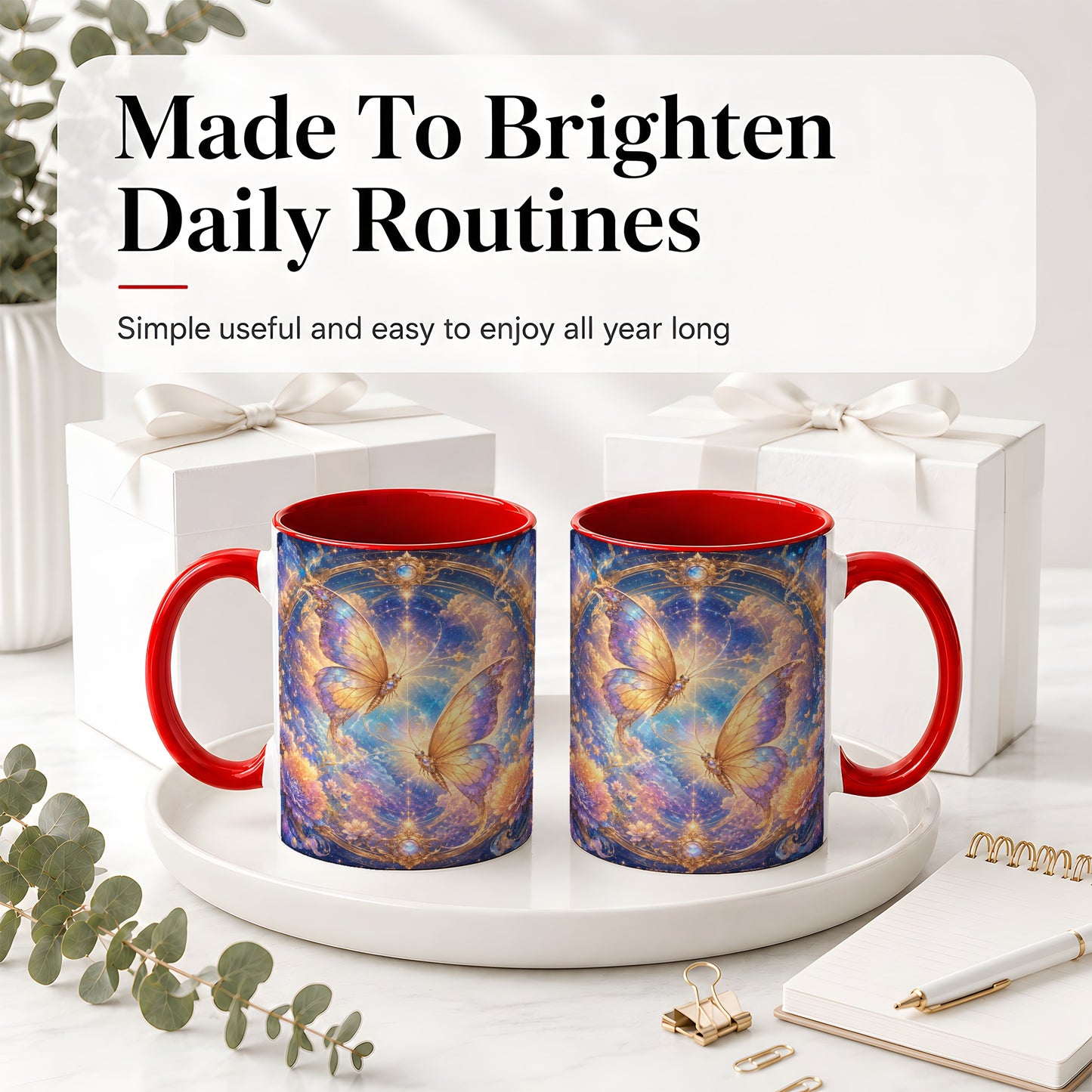 #pl[11oz|Red] Celestial Butterflies Ceramic Mug, Dreamy Butterfly Floral Art