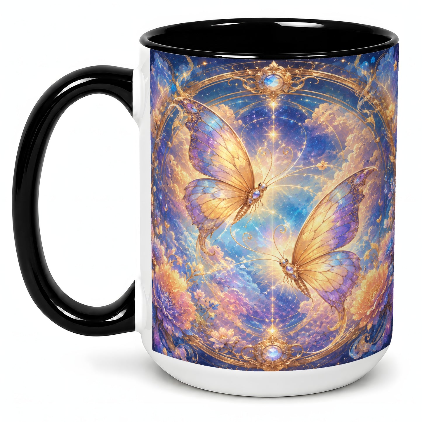 #pl[15oz|Black] Celestial Butterflies Ceramic Mug, Dreamy Butterfly Floral Art