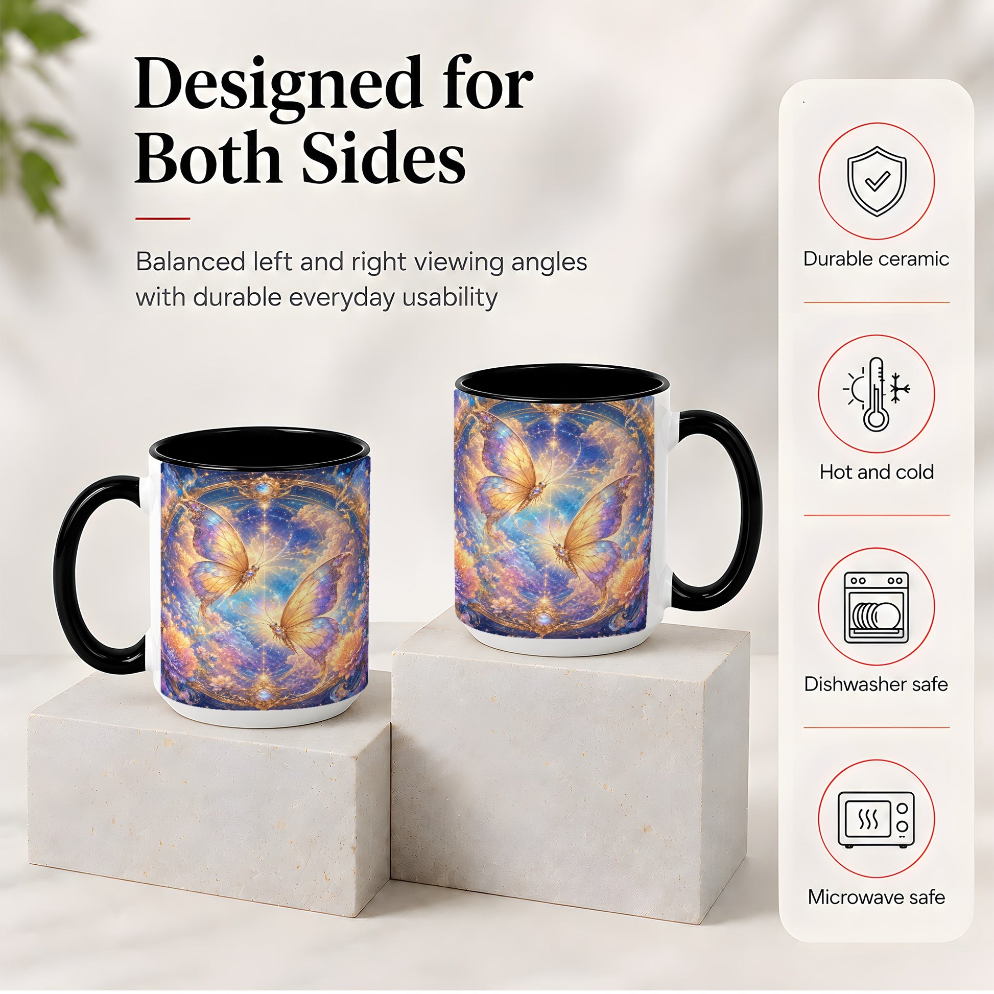 #pl[15oz|Black] Celestial Butterflies Ceramic Mug, Dreamy Butterfly Floral Art