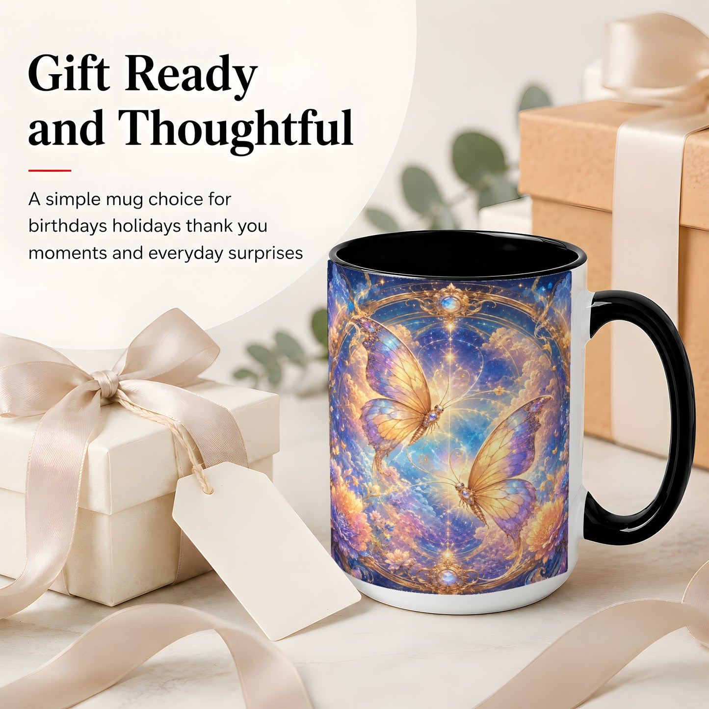 #pl[15oz|Black] Celestial Butterflies Ceramic Mug, Dreamy Butterfly Floral Art