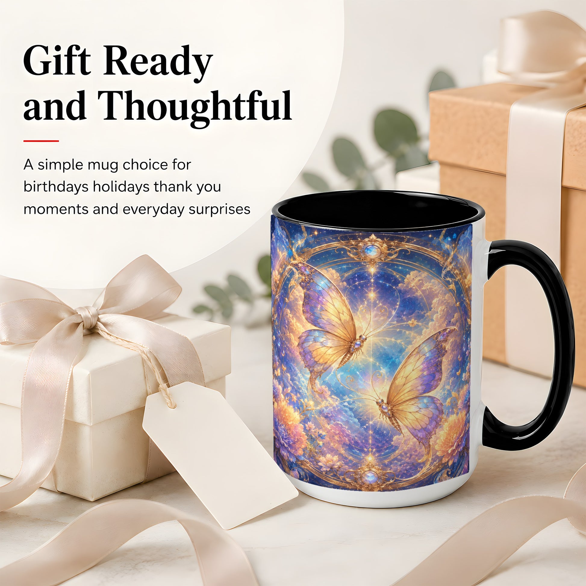 #pl[15oz|Black] Celestial Butterflies Ceramic Mug, Dreamy Butterfly Floral Art