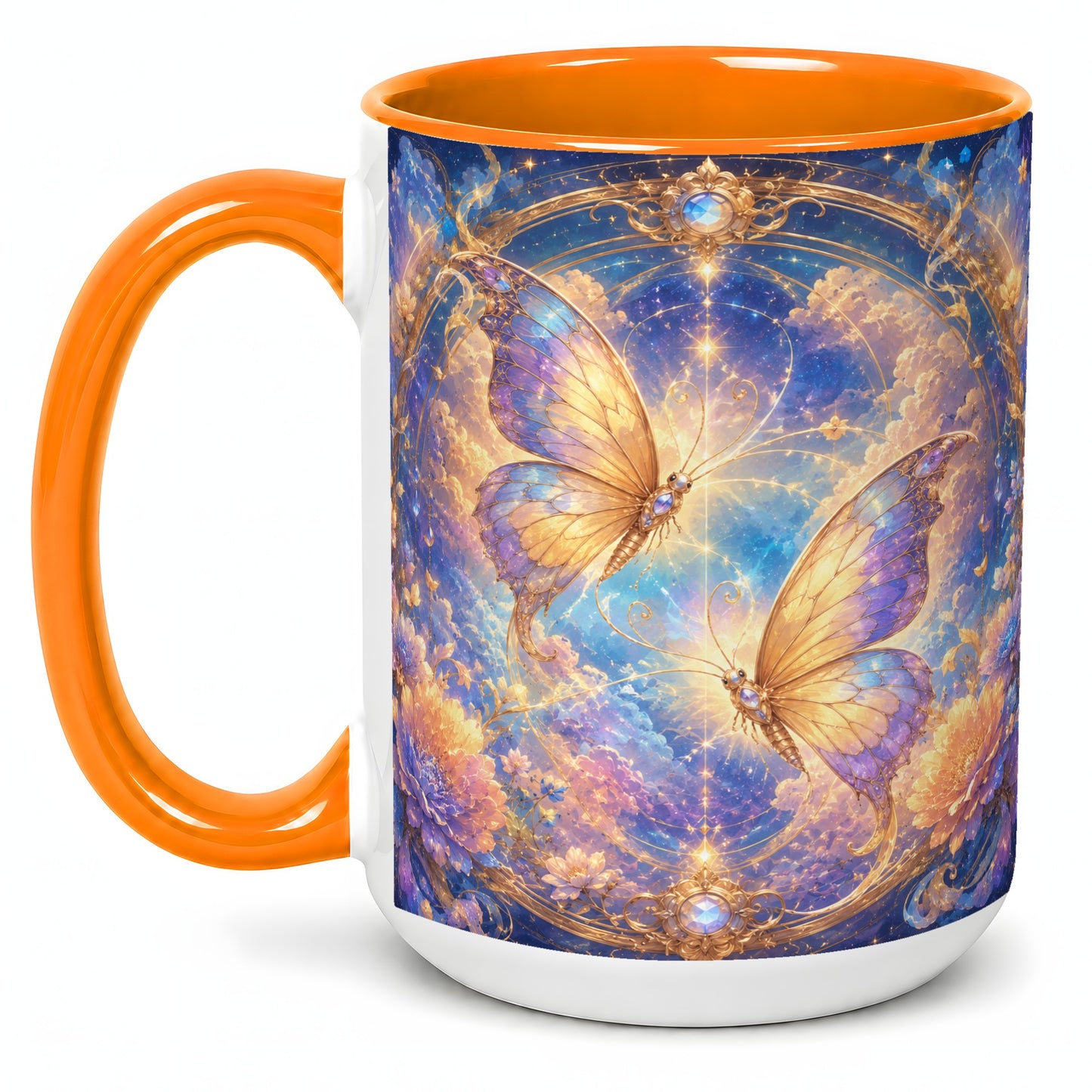 #pl[15oz|Orange] Celestial Butterflies Ceramic Mug, Dreamy Butterfly Floral Art