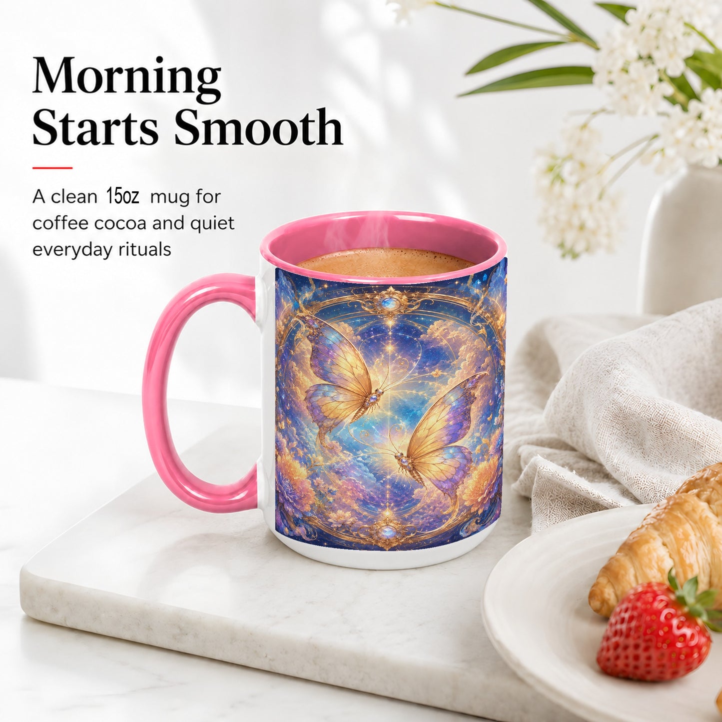 #pl[15oz|Pink] Celestial Butterflies Ceramic Mug, Dreamy Butterfly Floral Art