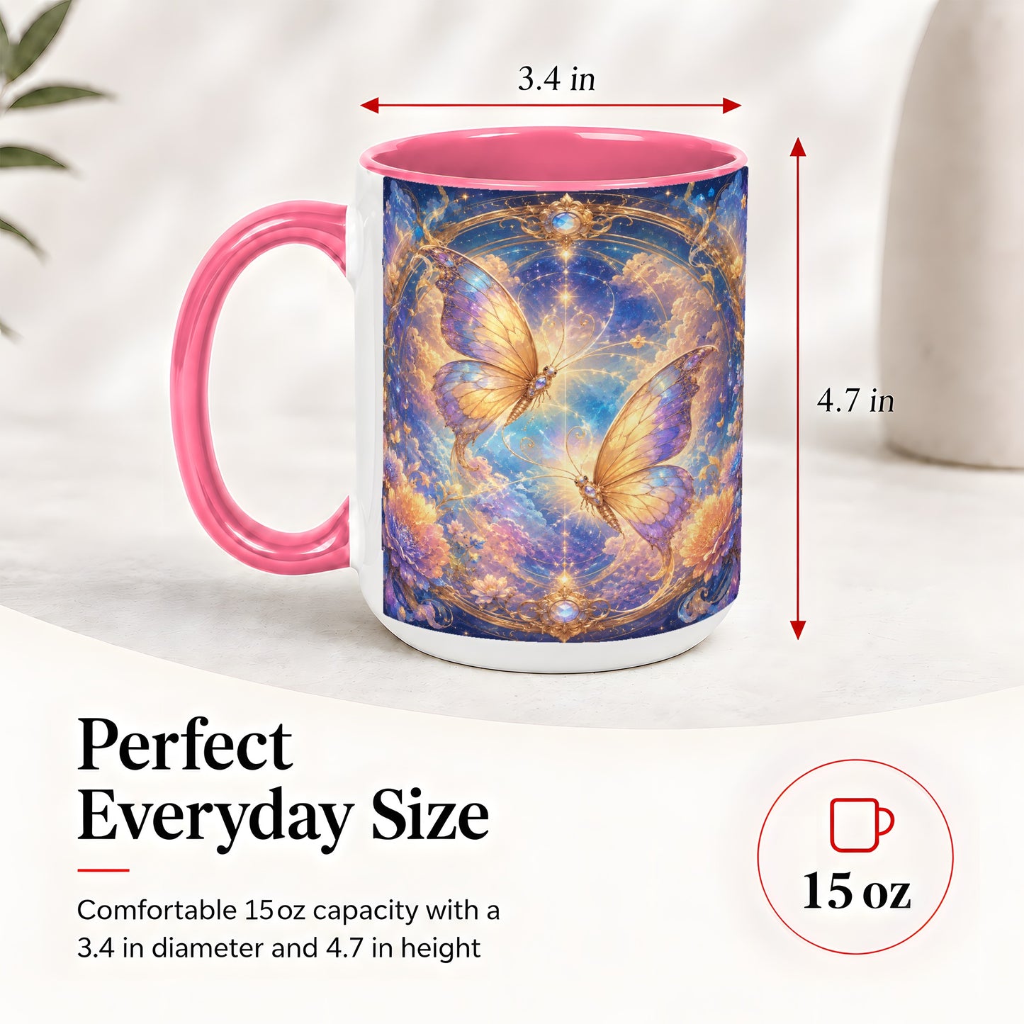 #pl[15oz|Pink] Celestial Butterflies Ceramic Mug, Dreamy Butterfly Floral Art