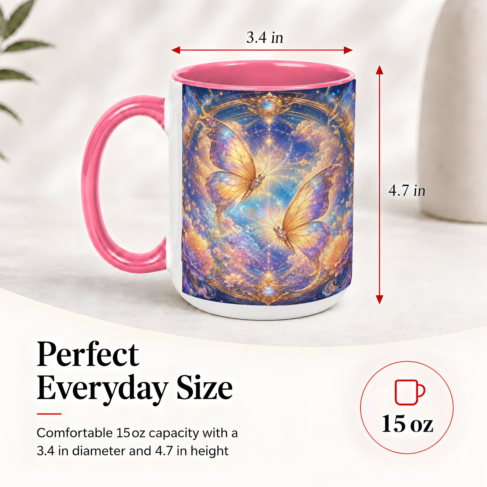 #pl[15oz|Pink] Celestial Butterflies Ceramic Mug, Dreamy Butterfly Floral Art