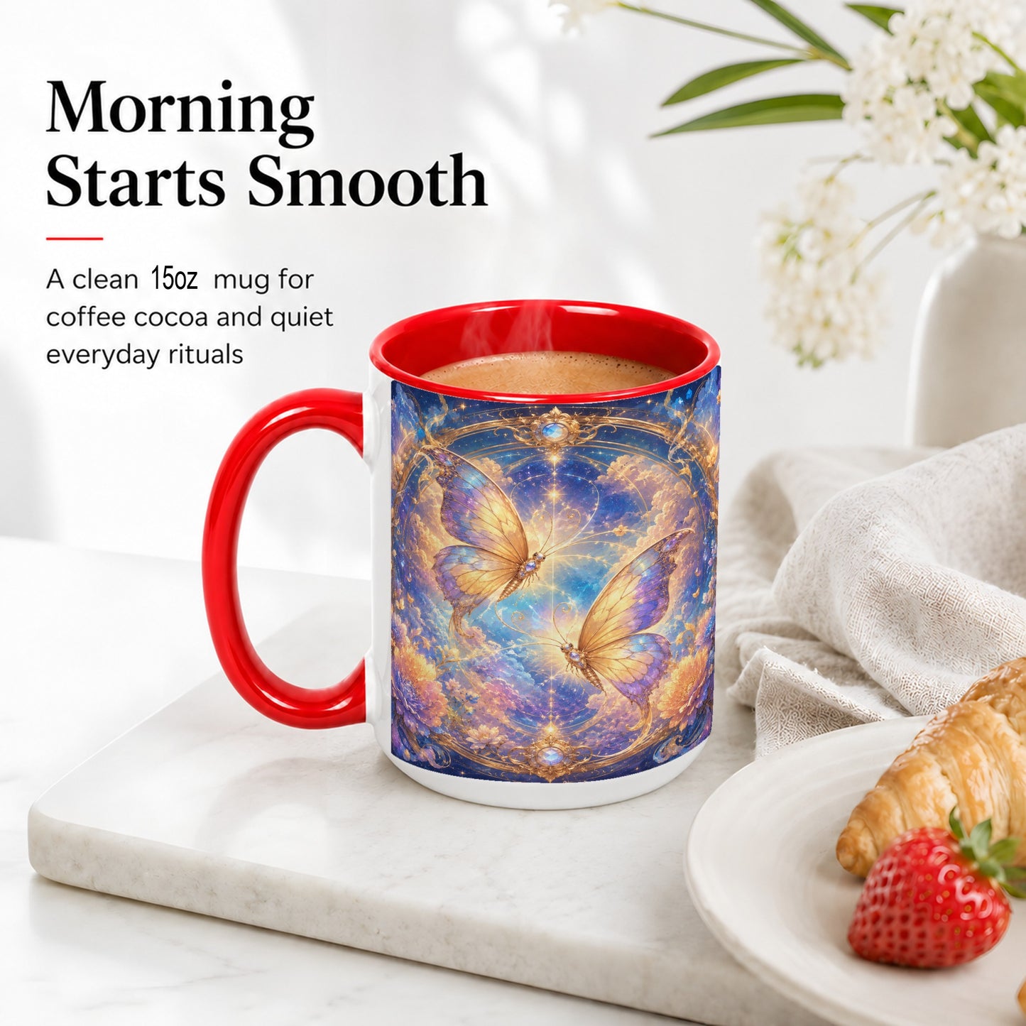 #pl[15oz|Red] Celestial Butterflies Ceramic Mug, Dreamy Butterfly Floral Art