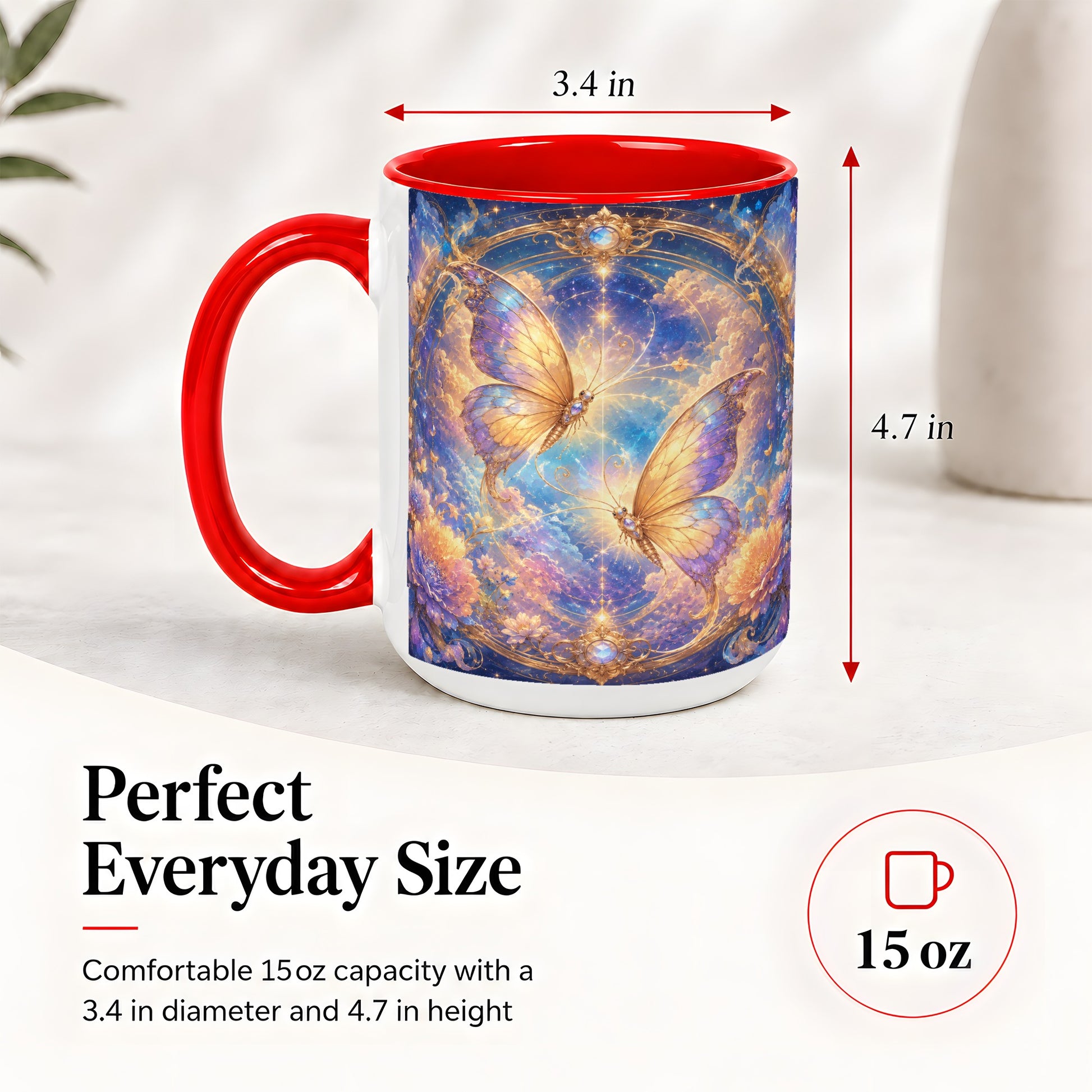 #pl[15oz|Red] Celestial Butterflies Ceramic Mug, Dreamy Butterfly Floral Art