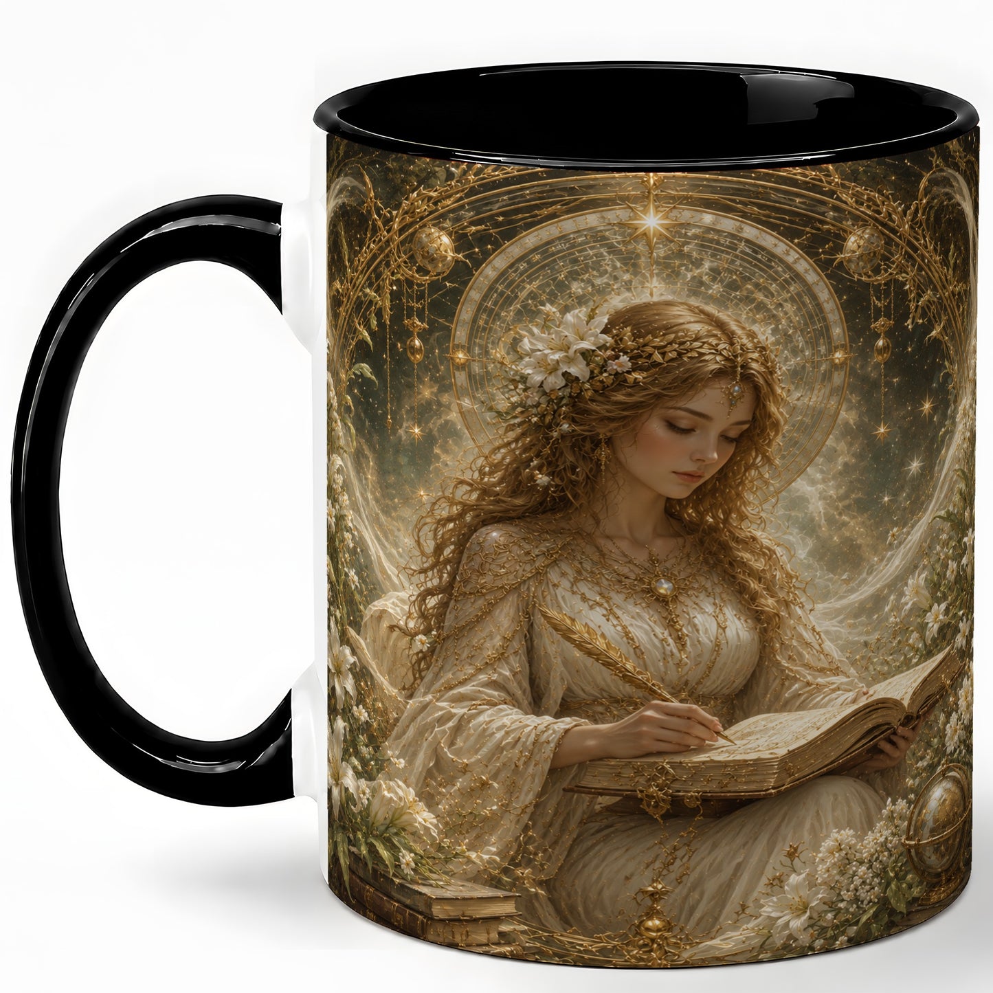 #pl[11oz|Black] Virgo Maiden Ceramic Mug, Celestial Zodiac Floral Writing Art