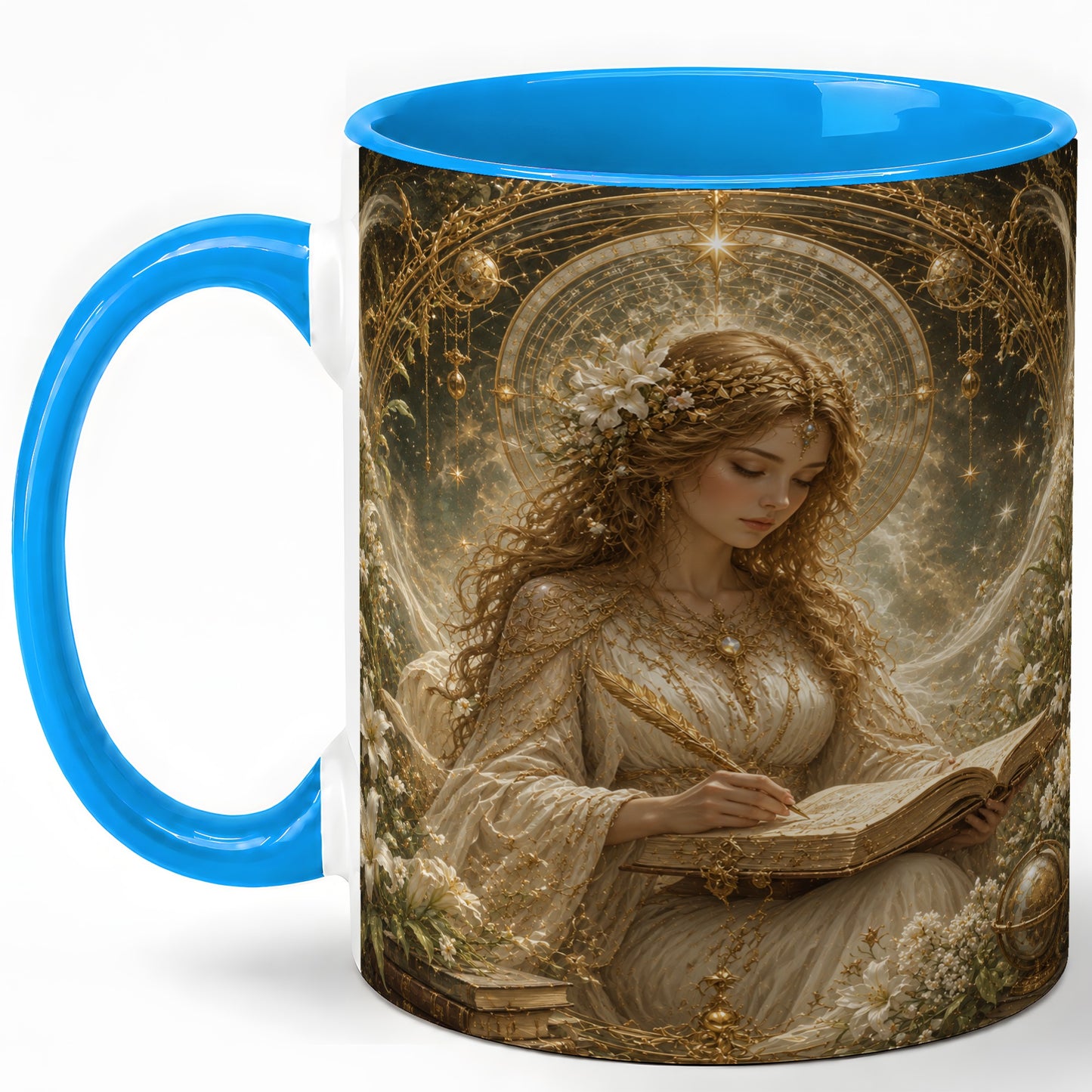 #pl[11oz|Blue] Virgo Maiden Ceramic Mug, Celestial Zodiac Floral Writing Art