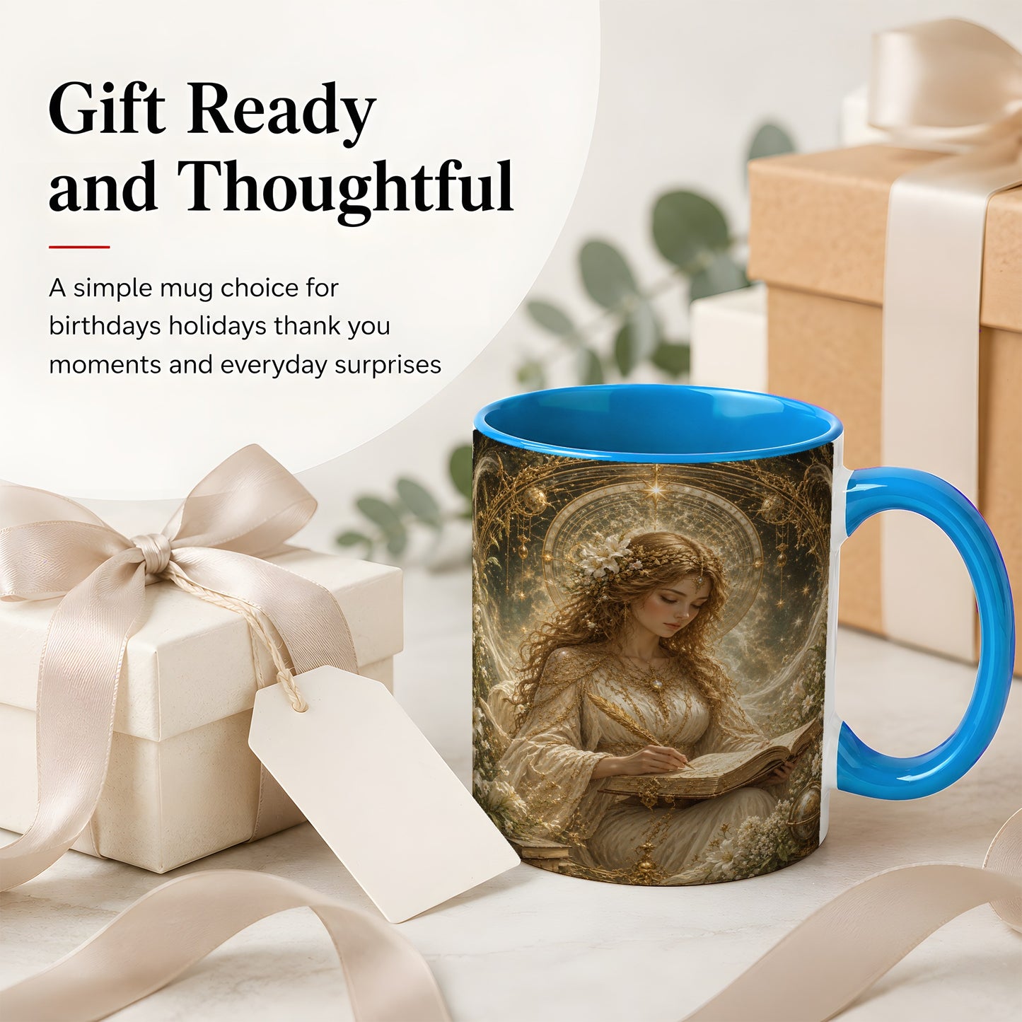 #pl[11oz|Blue] Virgo Maiden Ceramic Mug, Celestial Zodiac Floral Writing Art