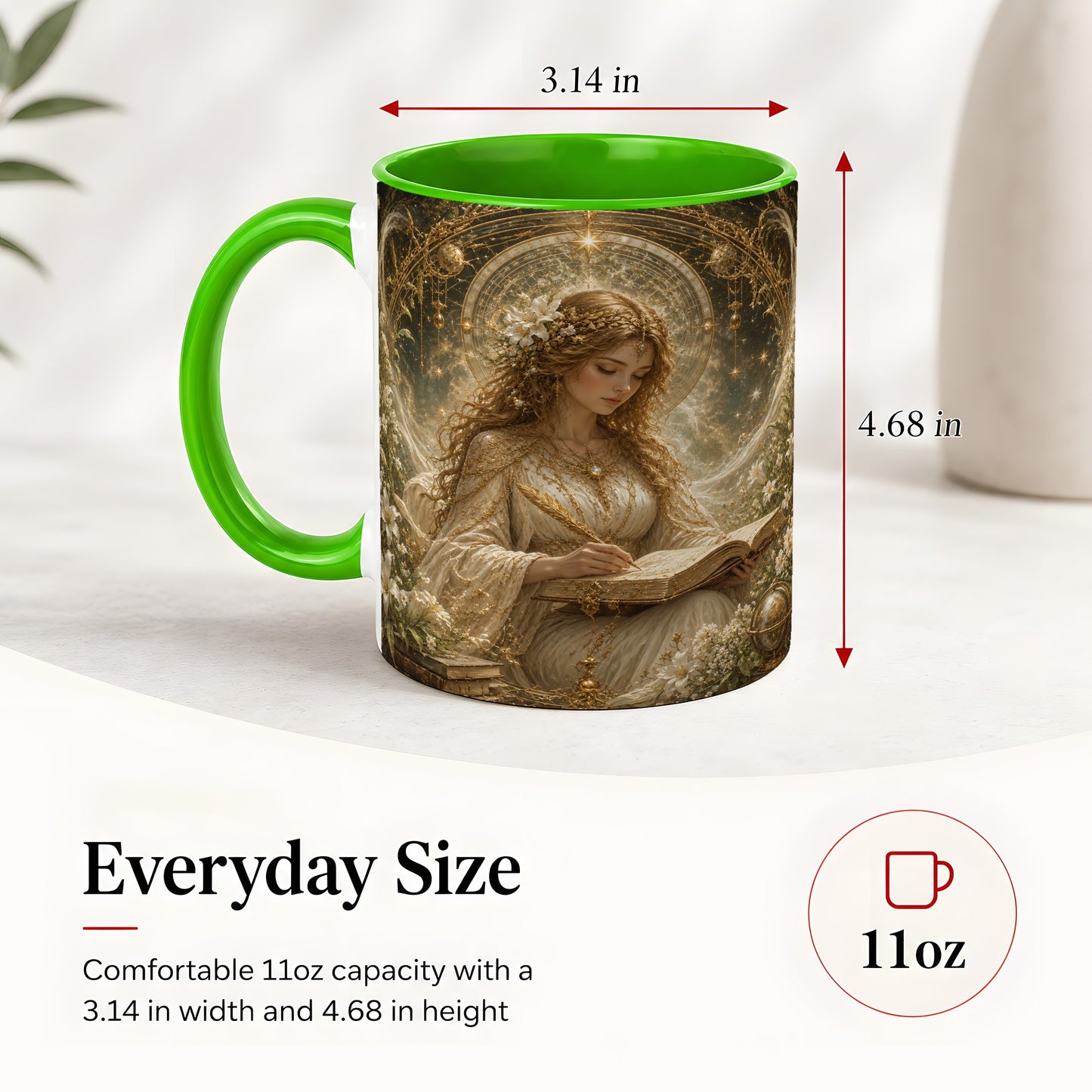 #pl[11oz|Green] Virgo Maiden Ceramic Mug, Celestial Zodiac Floral Writing Art