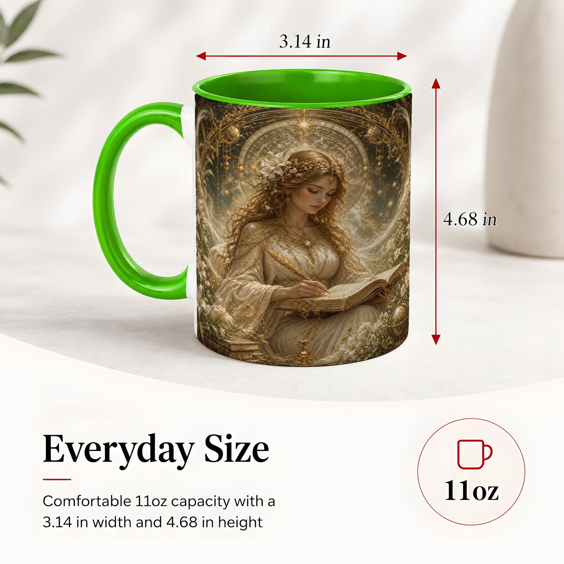 #pl[11oz|Green] Virgo Maiden Ceramic Mug, Celestial Zodiac Floral Writing Art