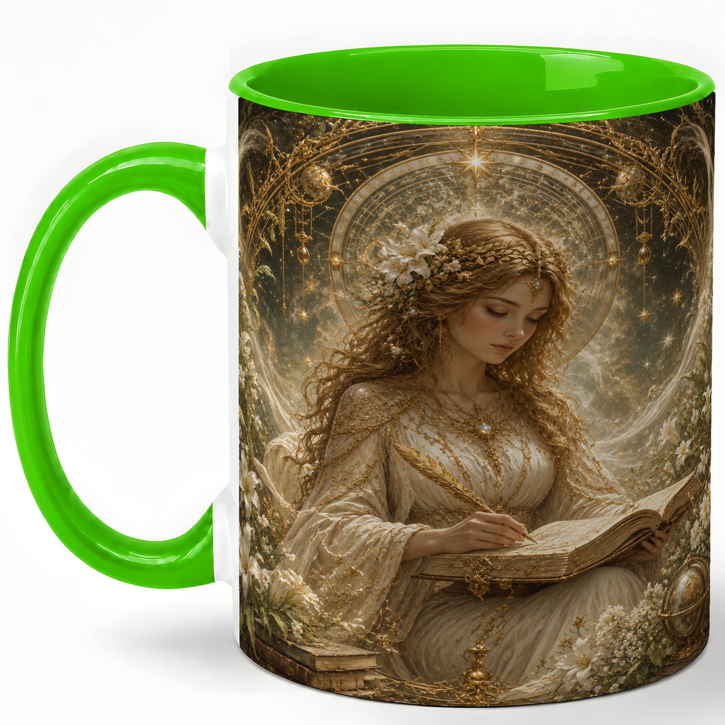 #pl[11oz|Green] Virgo Maiden Ceramic Mug, Celestial Zodiac Floral Writing Art