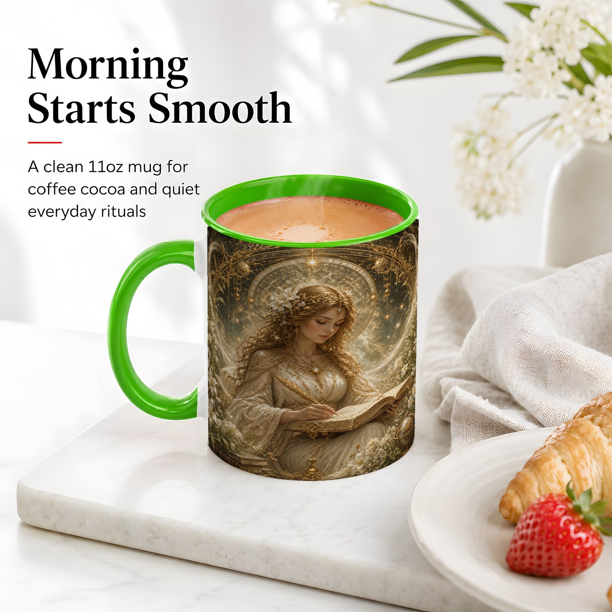 #pl[11oz|Green] Virgo Maiden Ceramic Mug, Celestial Zodiac Floral Writing Art