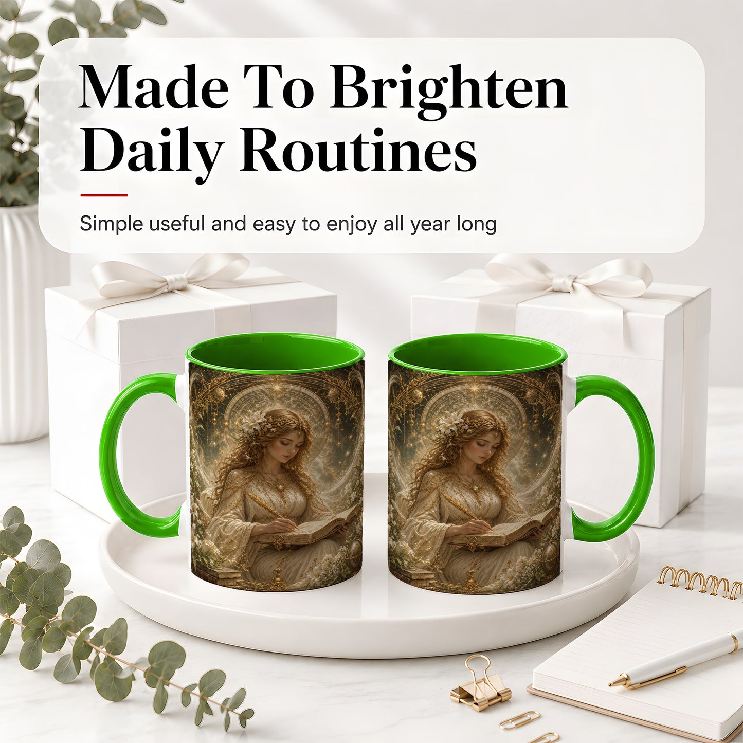#pl[11oz|Green] Virgo Maiden Ceramic Mug, Celestial Zodiac Floral Writing Art