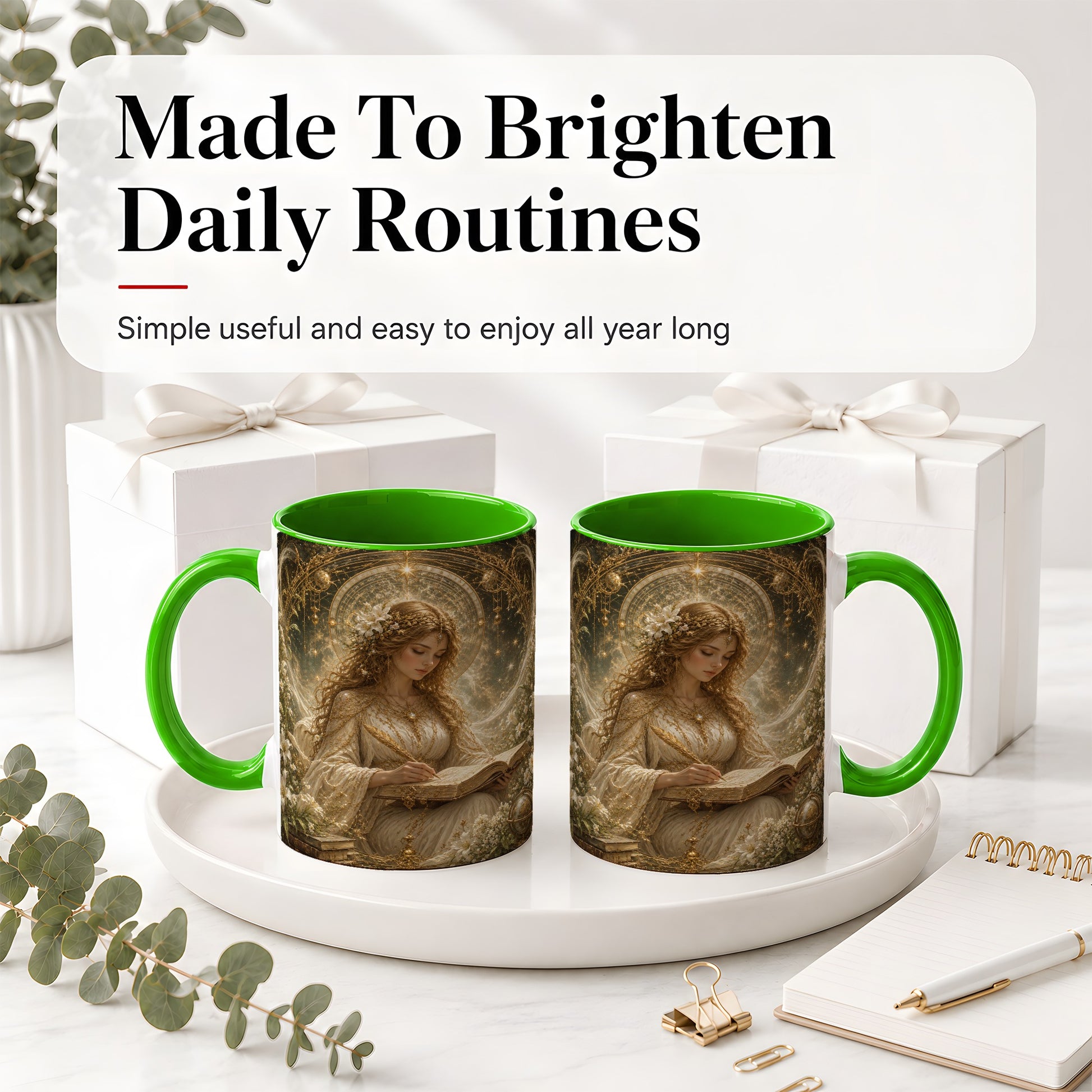 #pl[11oz|Green] Virgo Maiden Ceramic Mug, Celestial Zodiac Floral Writing Art