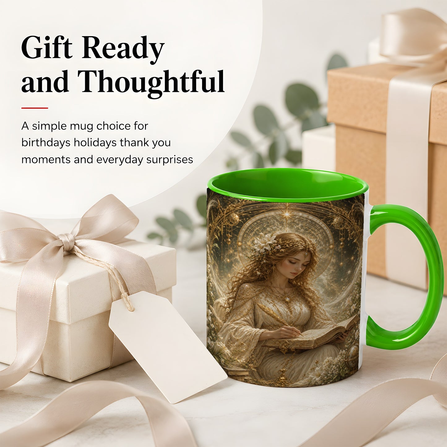 #pl[11oz|Green] Virgo Maiden Ceramic Mug, Celestial Zodiac Floral Writing Art
