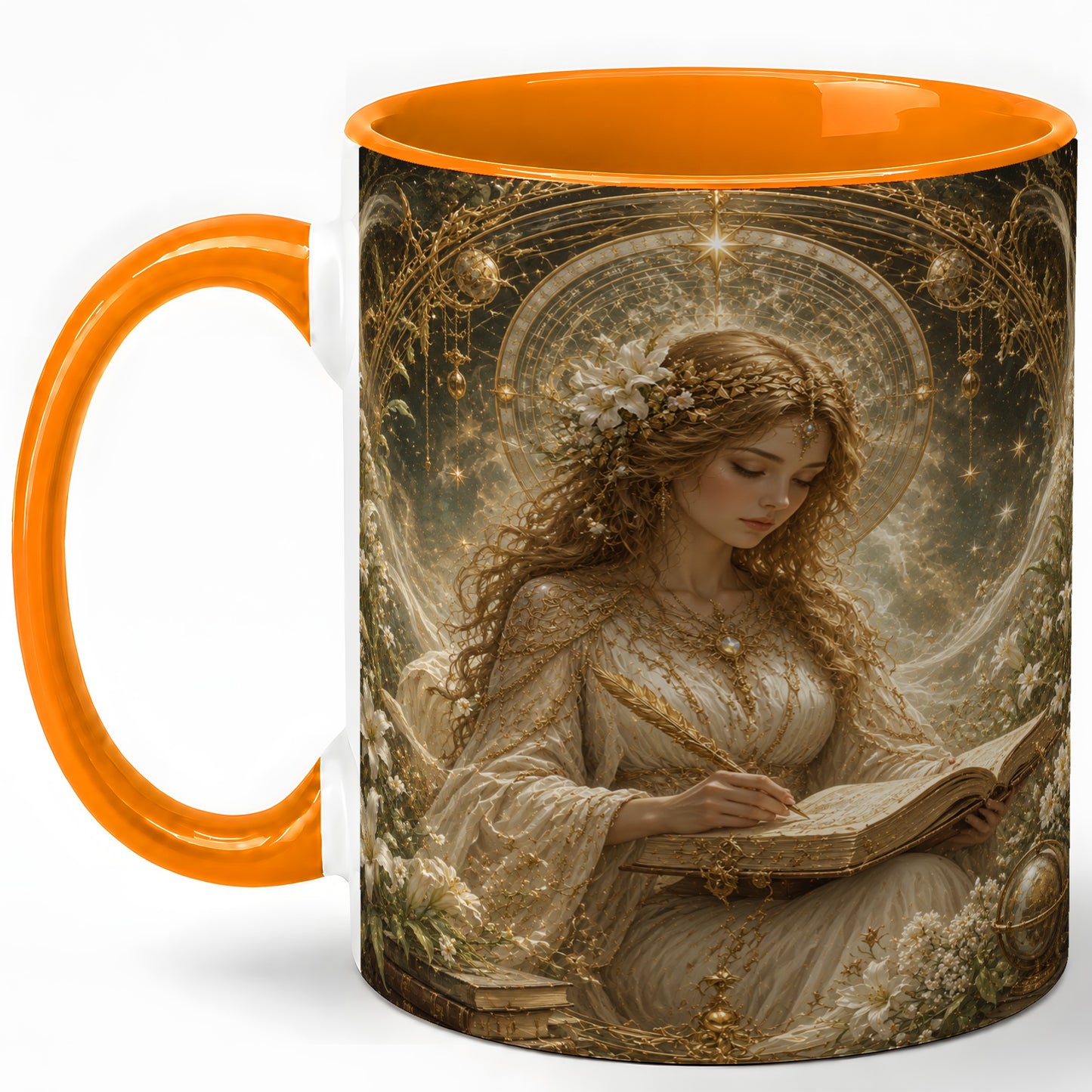 #pl[11oz|Orange] Virgo Maiden Ceramic Mug, Celestial Zodiac Floral Writing Art