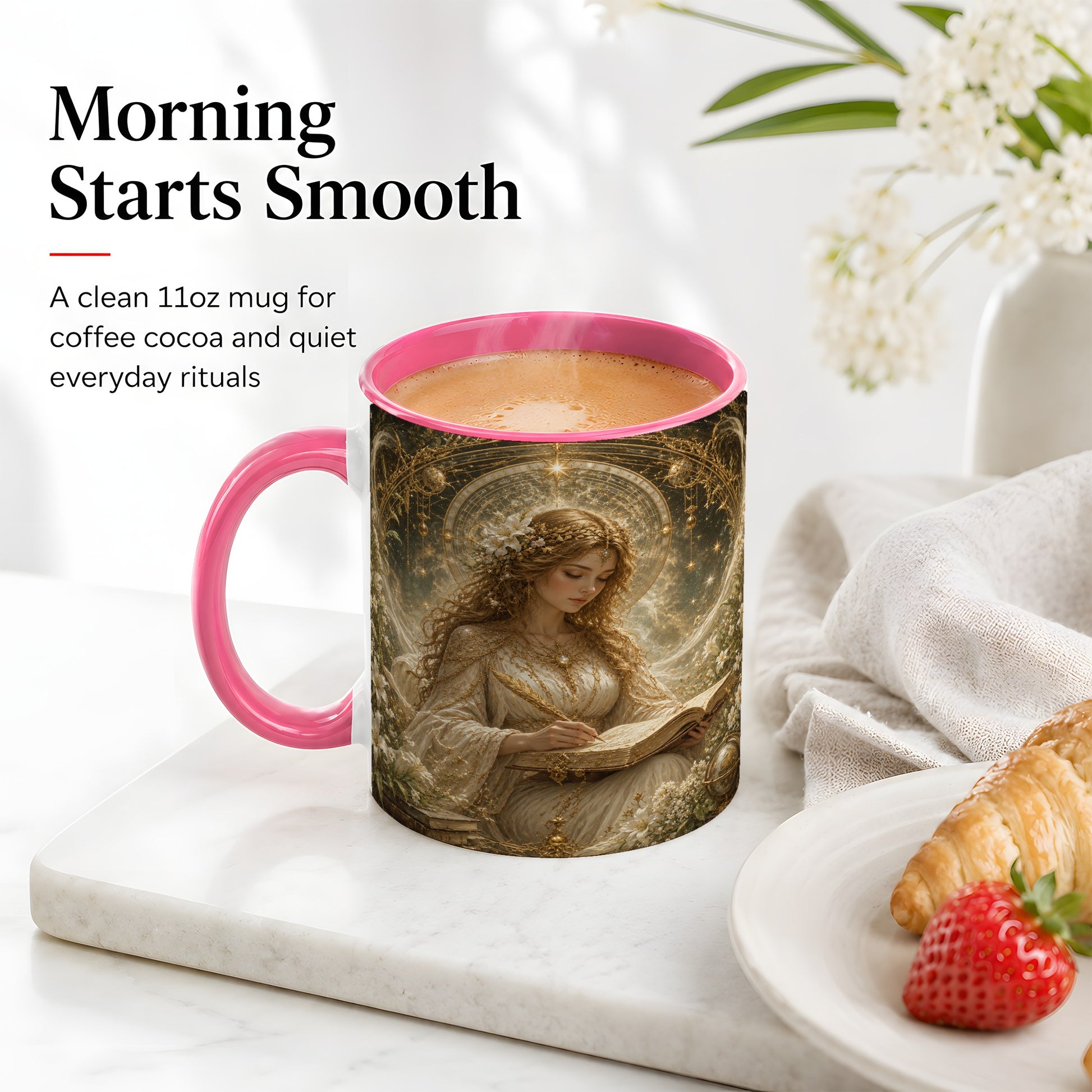 #pl[11oz|Pink] Virgo Maiden Ceramic Mug, Celestial Zodiac Floral Writing Art