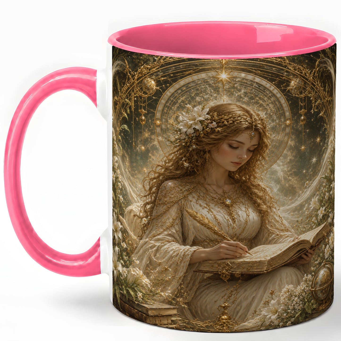 #pl[11oz|Pink] Virgo Maiden Ceramic Mug, Celestial Zodiac Floral Writing Art