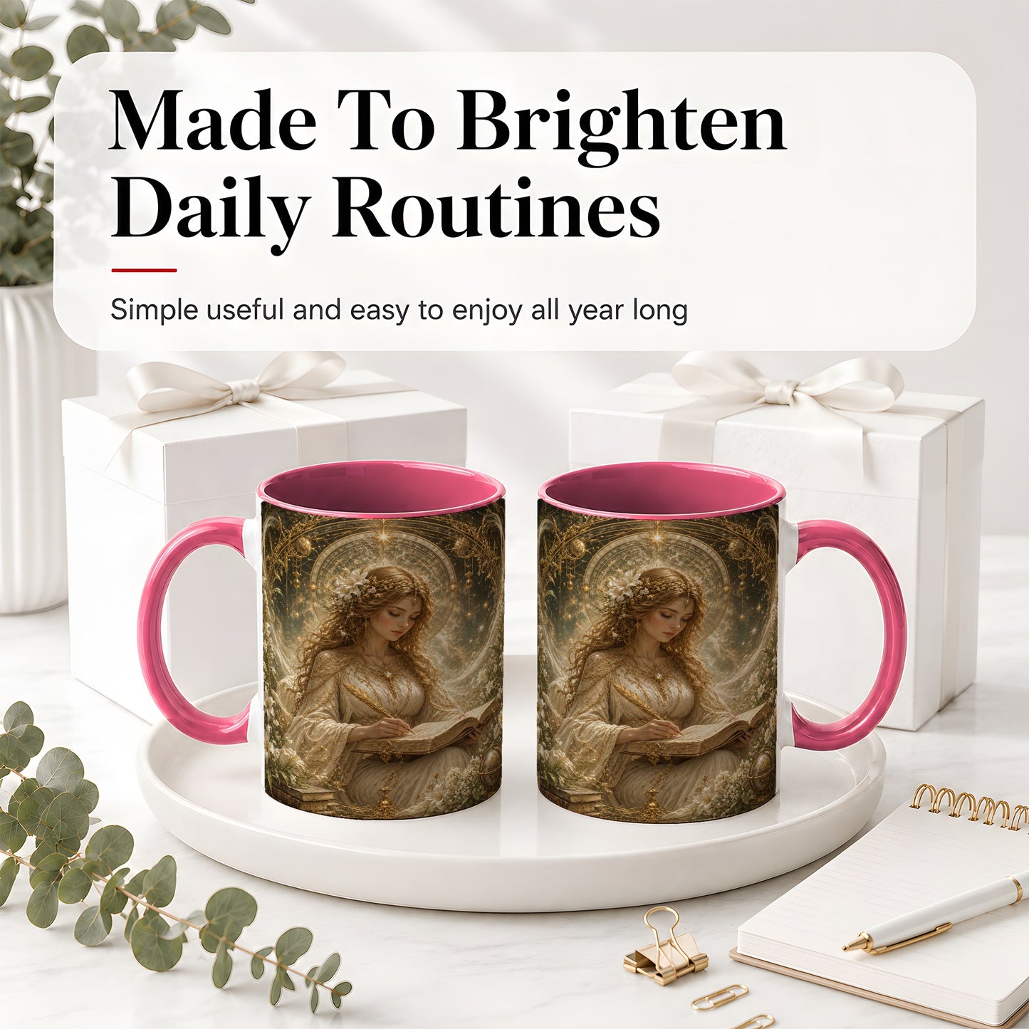 #pl[11oz|Pink] Virgo Maiden Ceramic Mug, Celestial Zodiac Floral Writing Art