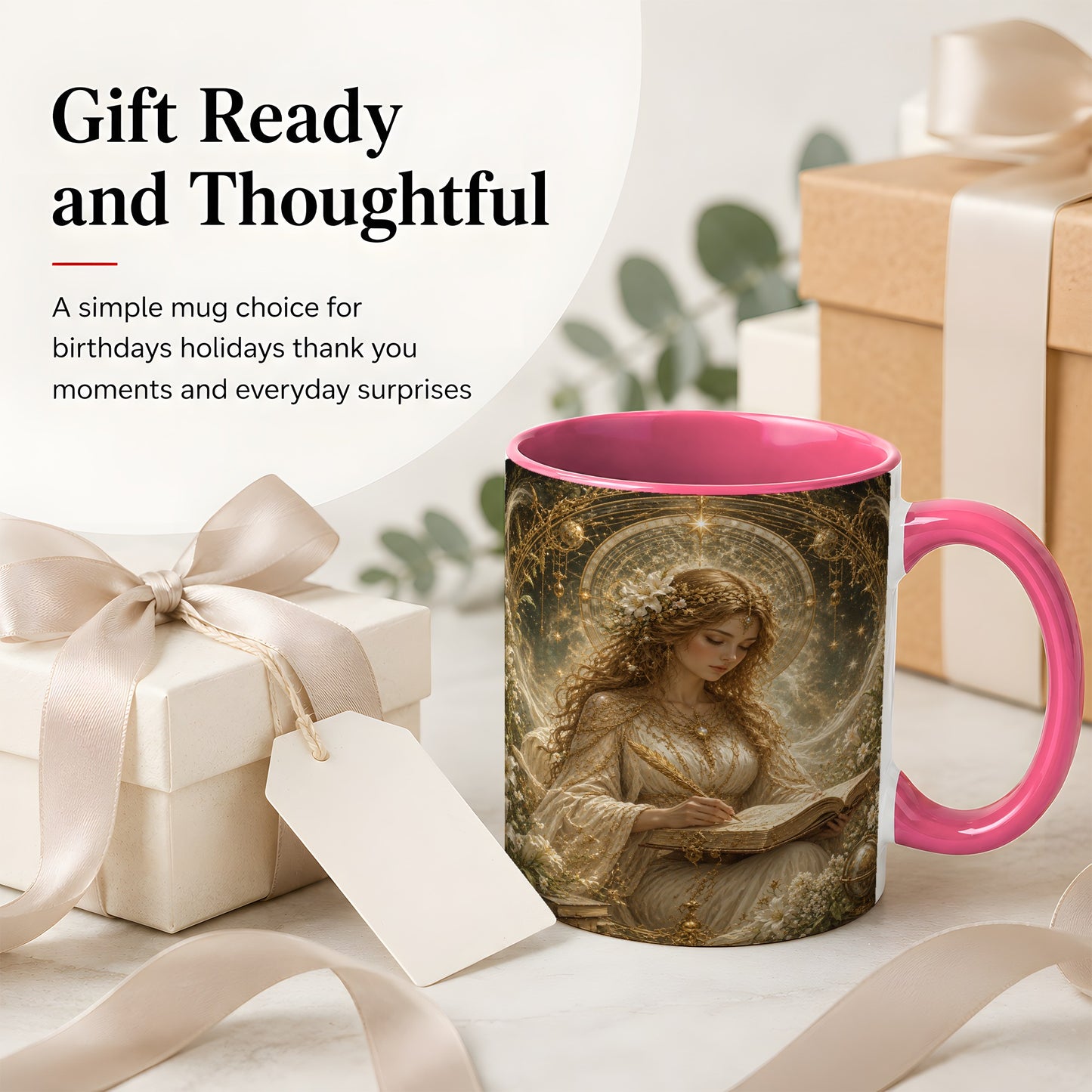 #pl[11oz|Pink] Virgo Maiden Ceramic Mug, Celestial Zodiac Floral Writing Art