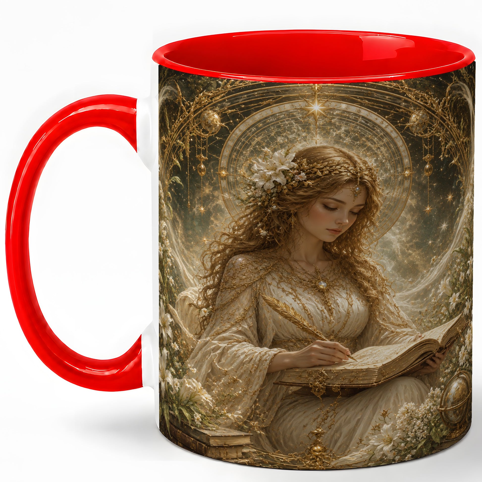 Virgo Maiden Ceramic Mug, Celestial Zodiac Floral Writing Art