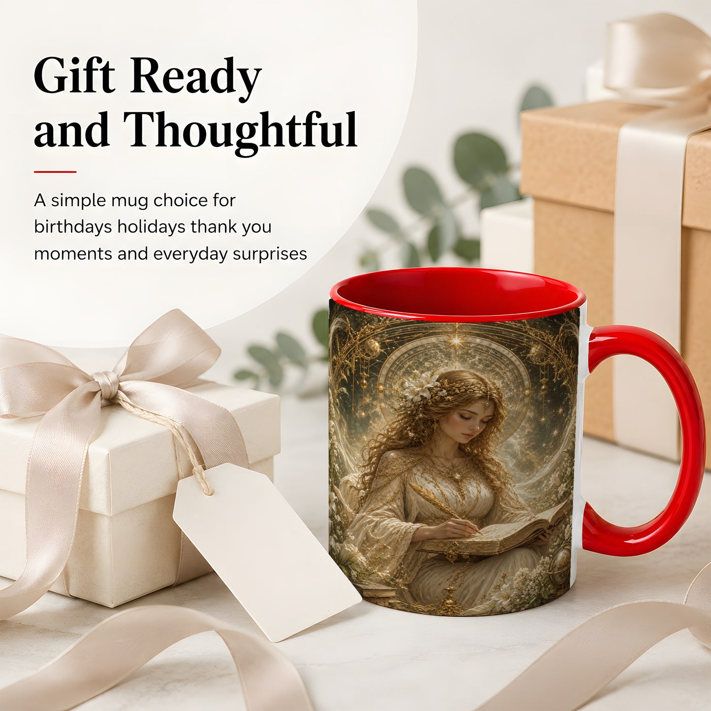 #pl[11oz|Red] Virgo Maiden Ceramic Mug, Celestial Zodiac Floral Writing Art