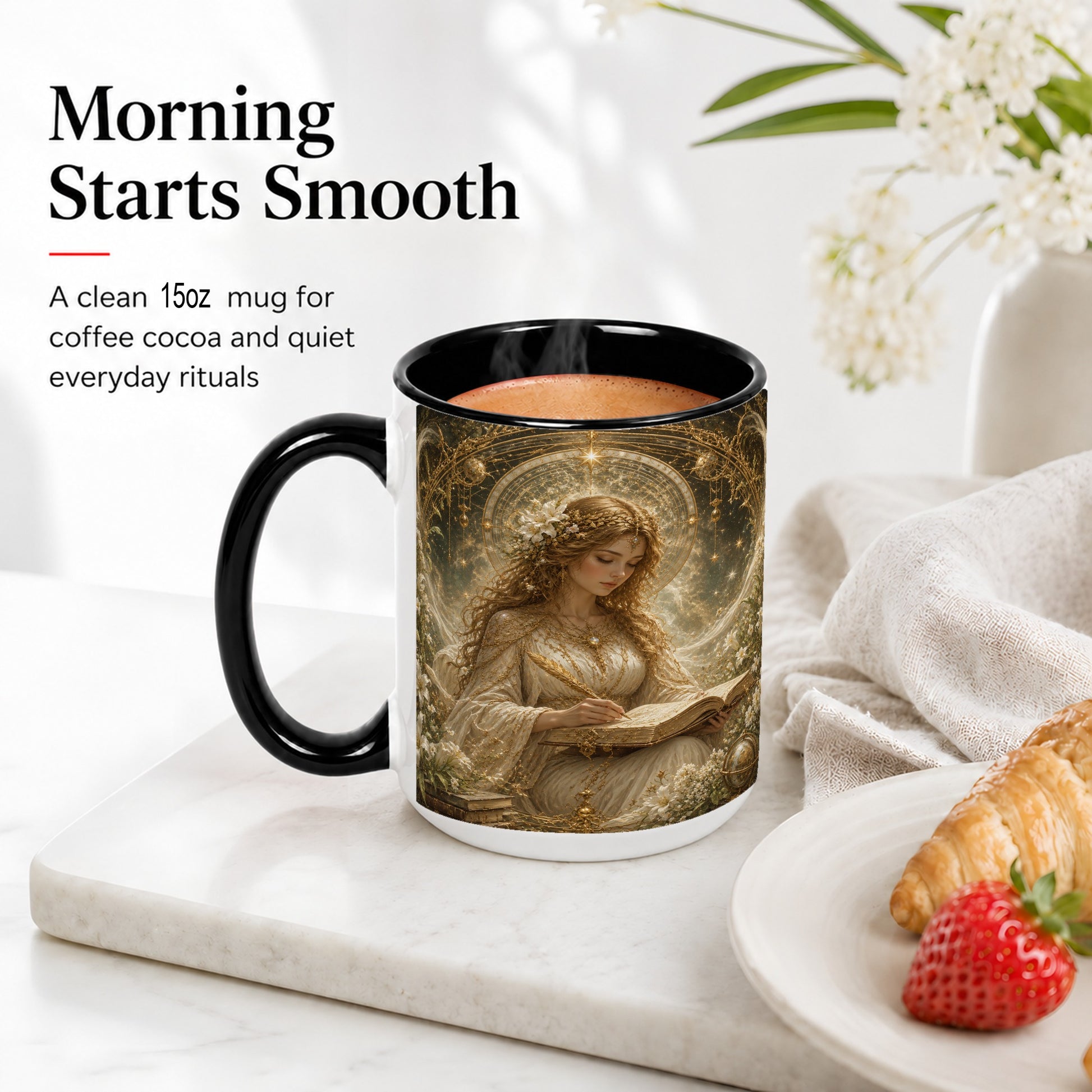 #pl[15oz|Black] Virgo Maiden Ceramic Mug, Celestial Zodiac Floral Writing Art
