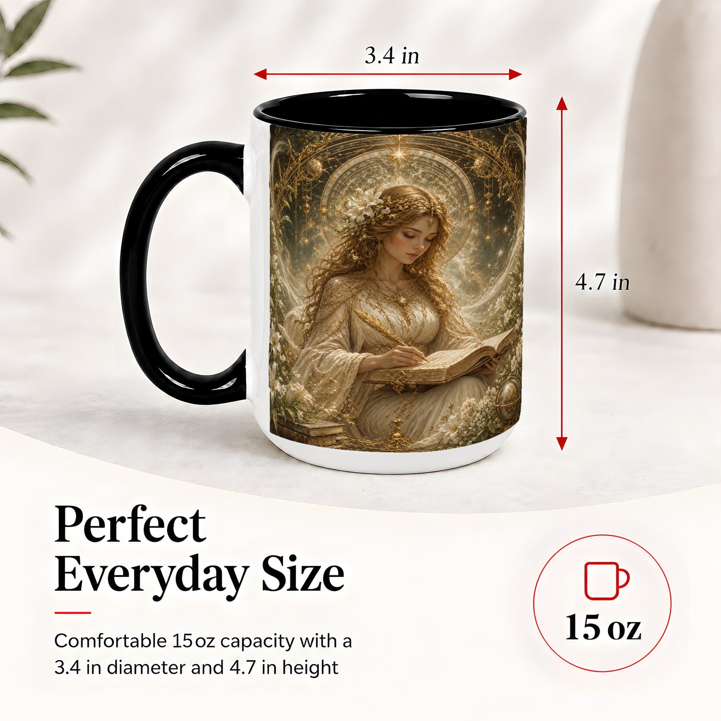 #pl[15oz|Black] Virgo Maiden Ceramic Mug, Celestial Zodiac Floral Writing Art