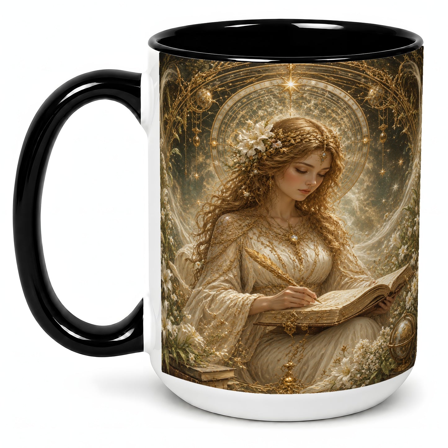 #pl[15oz|Black] Virgo Maiden Ceramic Mug, Celestial Zodiac Floral Writing Art