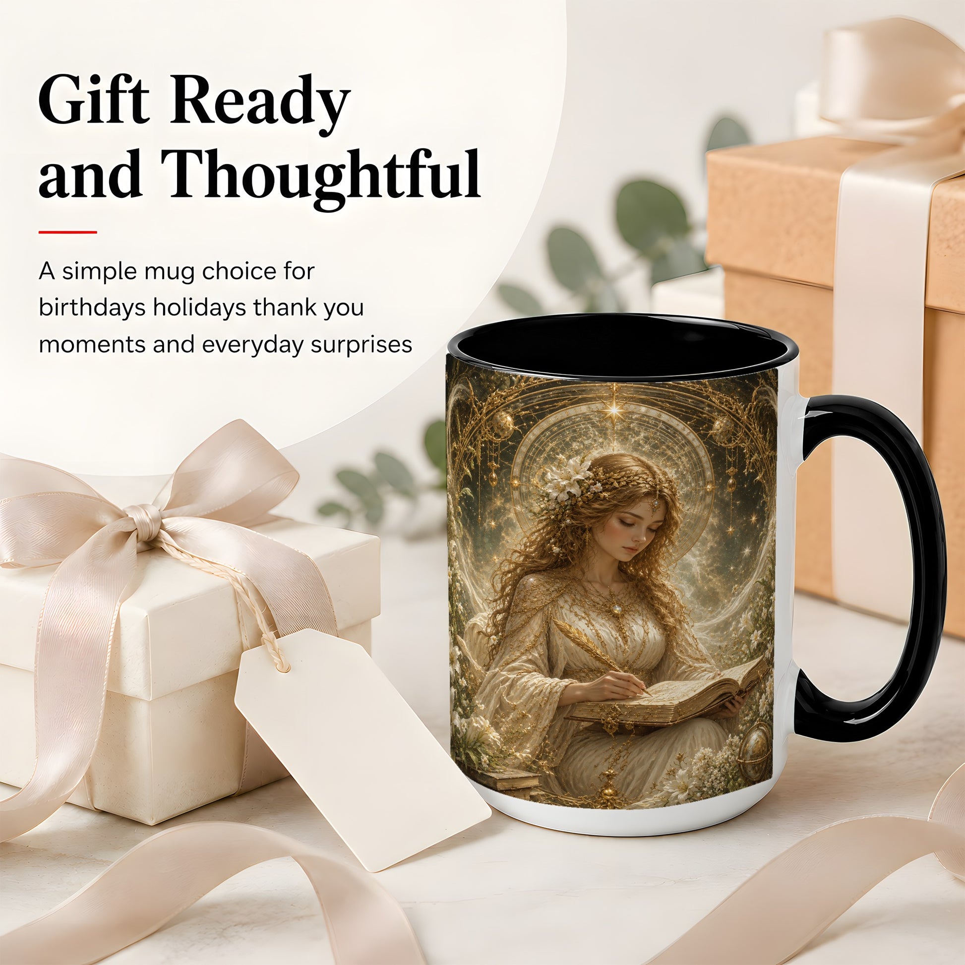 #pl[15oz|Black] Virgo Maiden Ceramic Mug, Celestial Zodiac Floral Writing Art