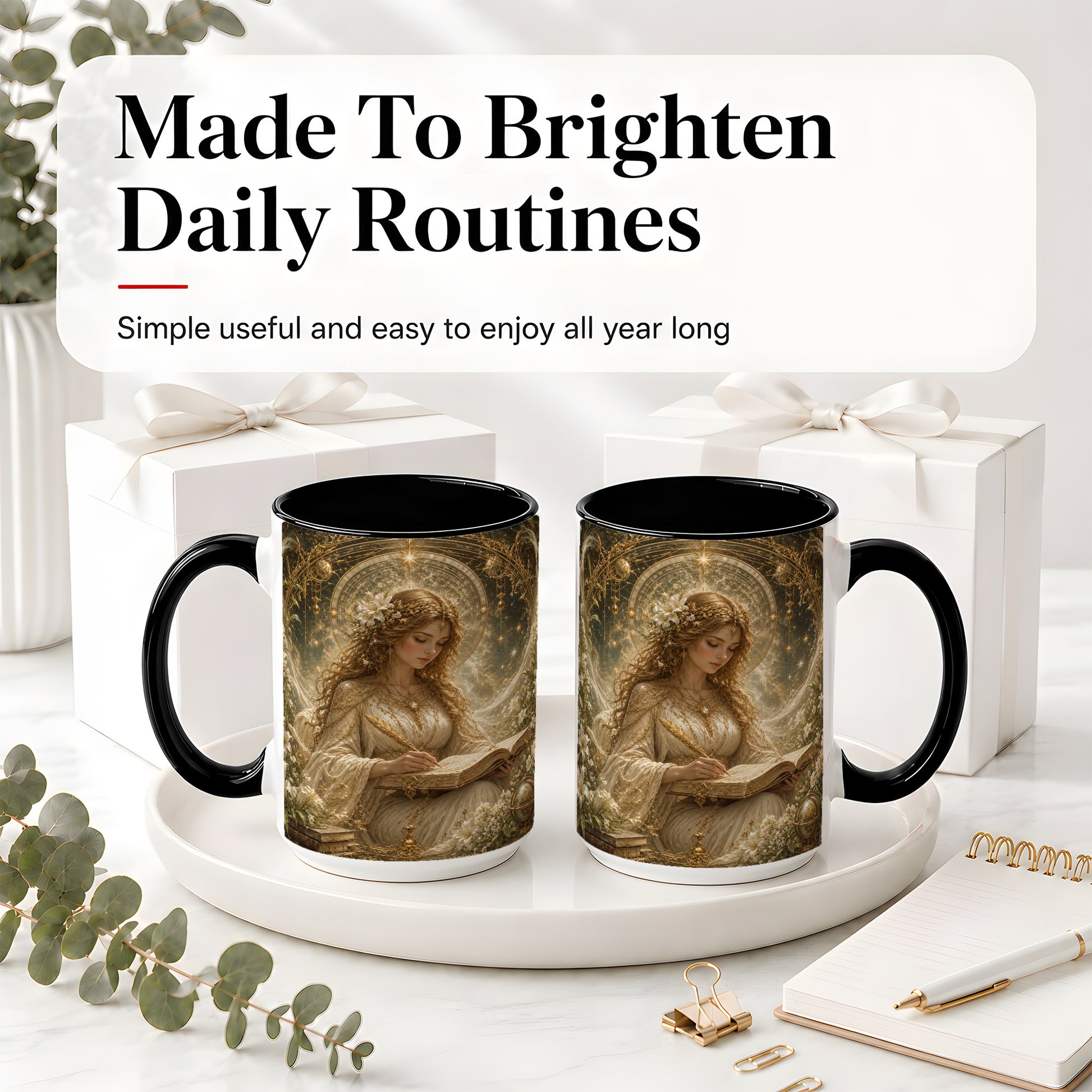#pl[15oz|Black] Virgo Maiden Ceramic Mug, Celestial Zodiac Floral Writing Art