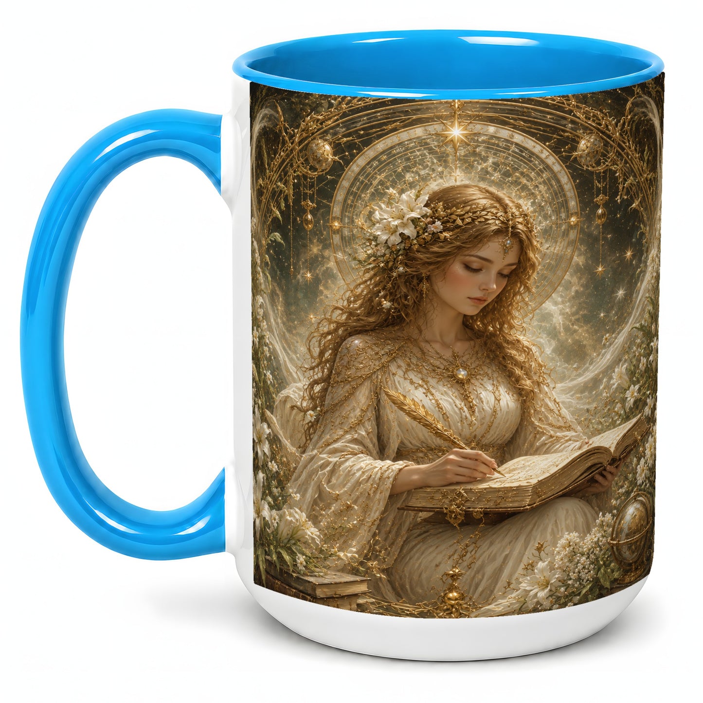 #pl[15oz|Blue] Virgo Maiden Ceramic Mug, Celestial Zodiac Floral Writing Art