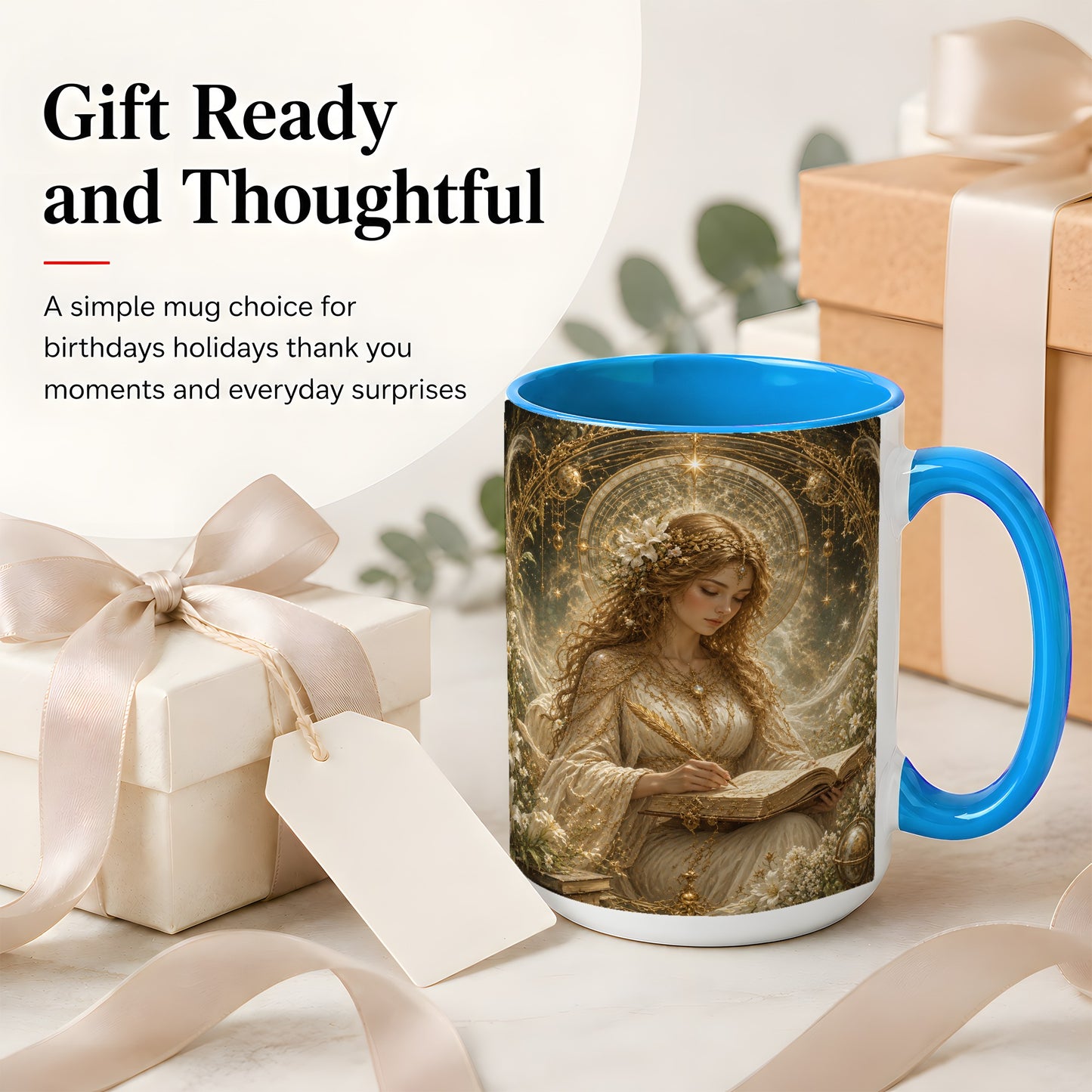 #pl[15oz|Blue] Virgo Maiden Ceramic Mug, Celestial Zodiac Floral Writing Art