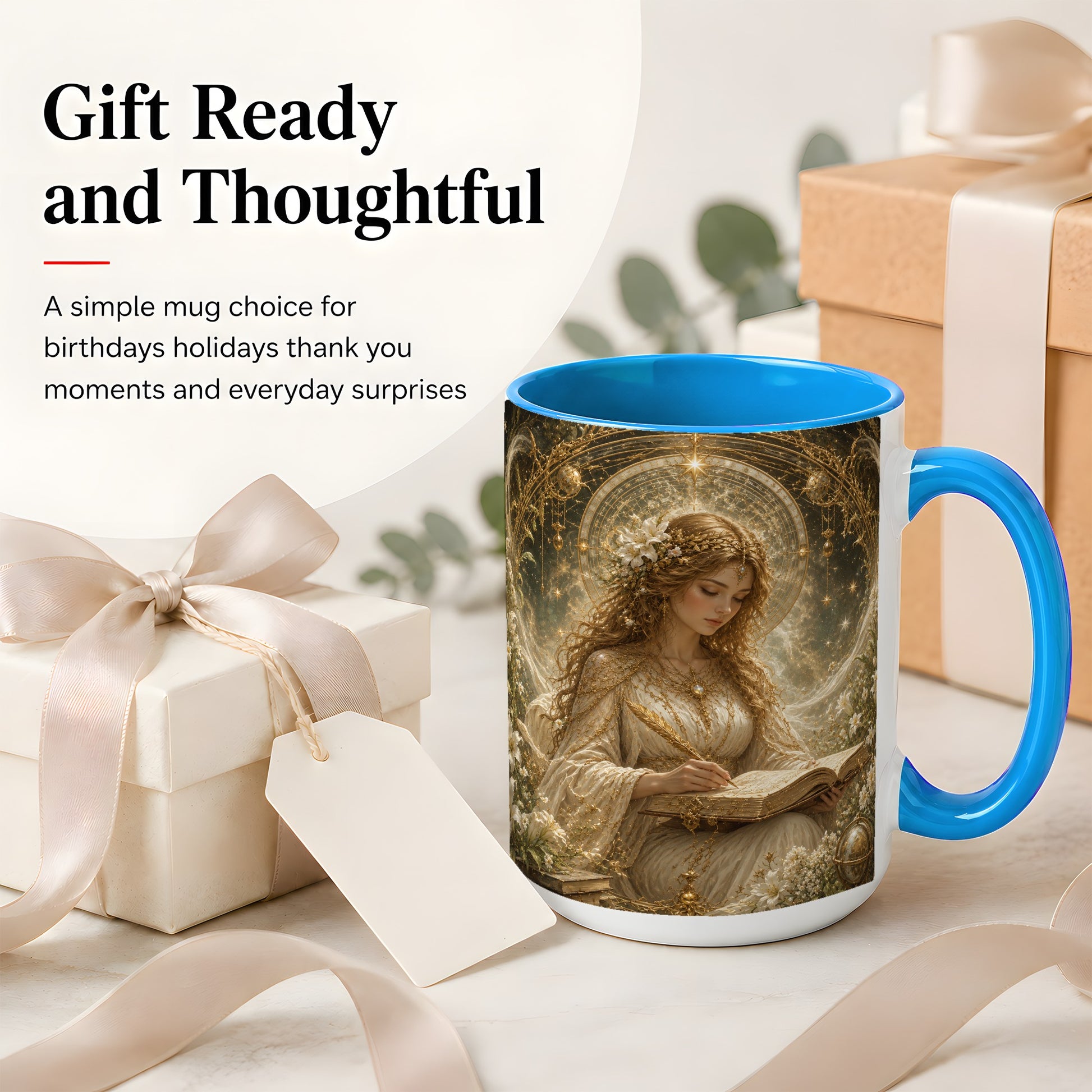 #pl[15oz|Blue] Virgo Maiden Ceramic Mug, Celestial Zodiac Floral Writing Art